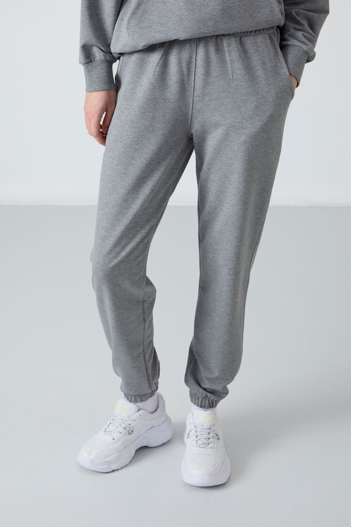 Grey Melange Hooded Kangaroo Pocket Oversize Elastic Cuff Women's Tracksuit Set - 95288