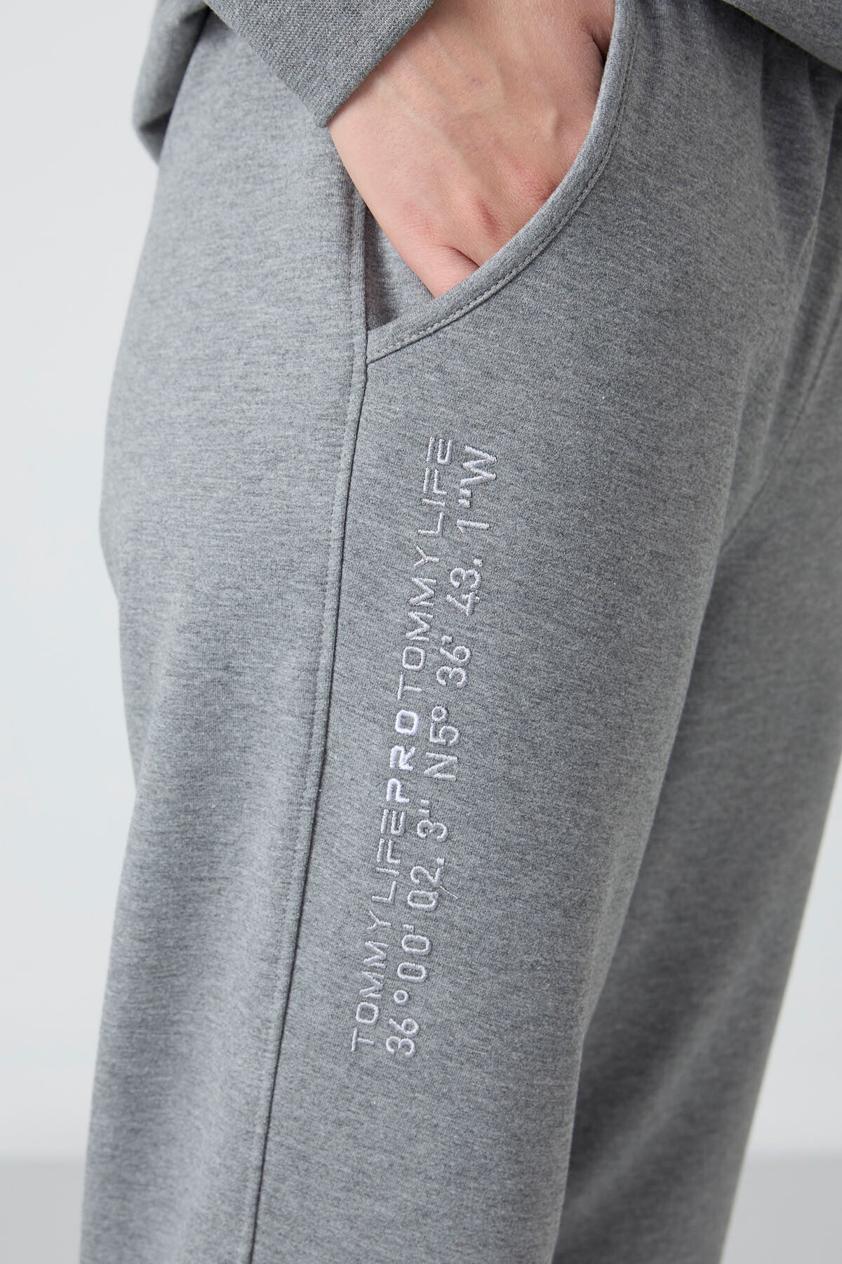 Grey Melange Hooded Kangaroo Pocket Oversize Elastic Cuff Women's Tracksuit Set - 95288