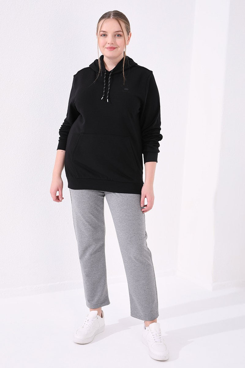 Classic Gray Melange Stone Wash Detailed Women's Plus Size Tracksuit Bottom - 94040