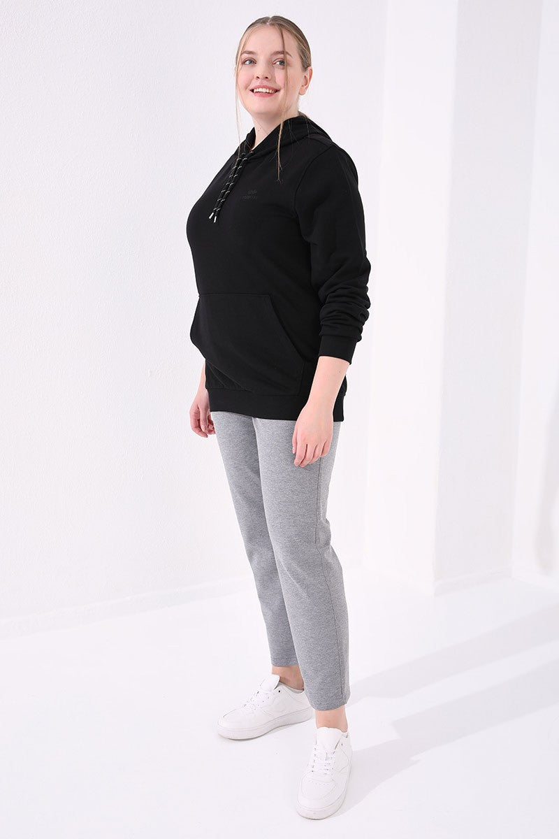 Classic Gray Melange Stone Wash Detailed Women's Plus Size Tracksuit Bottom - 94040