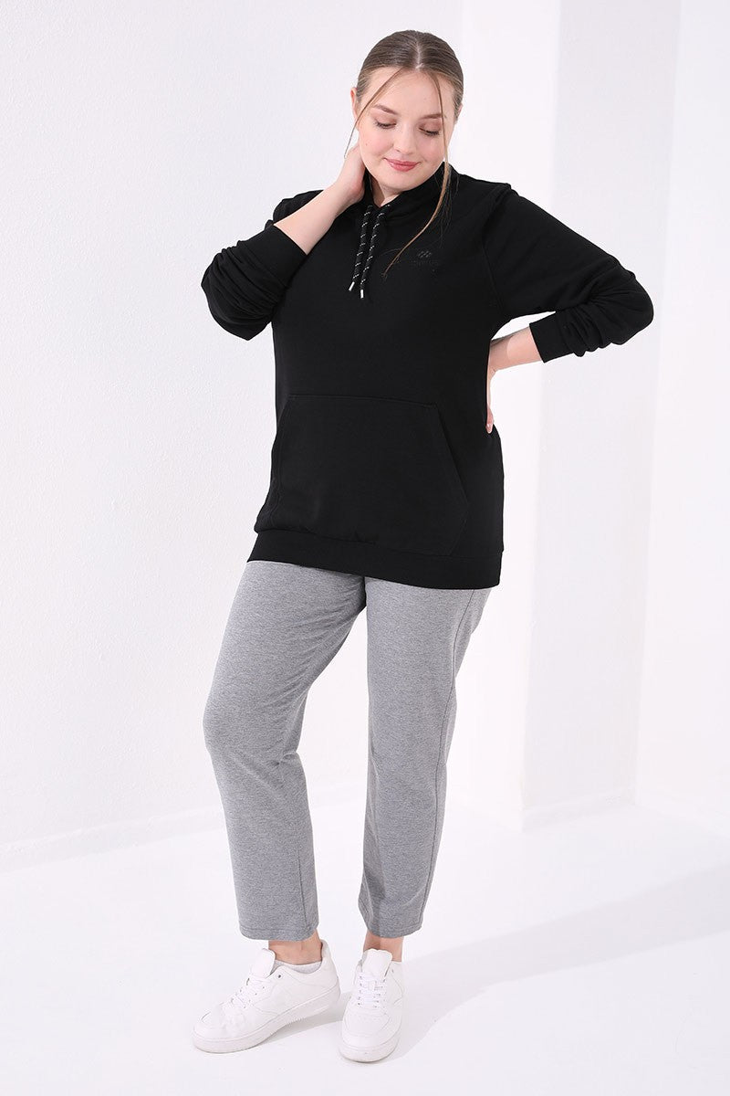 Classic Gray Melange Stone Wash Detailed Women's Plus Size Tracksuit Bottom - 94040