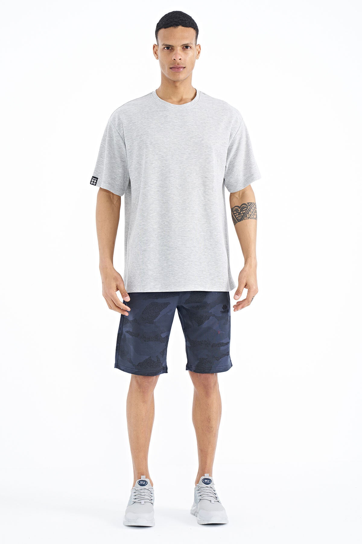 Grey Melange Long Sleeve Detailed Basic Oversize Men's T-Shirt - 88193