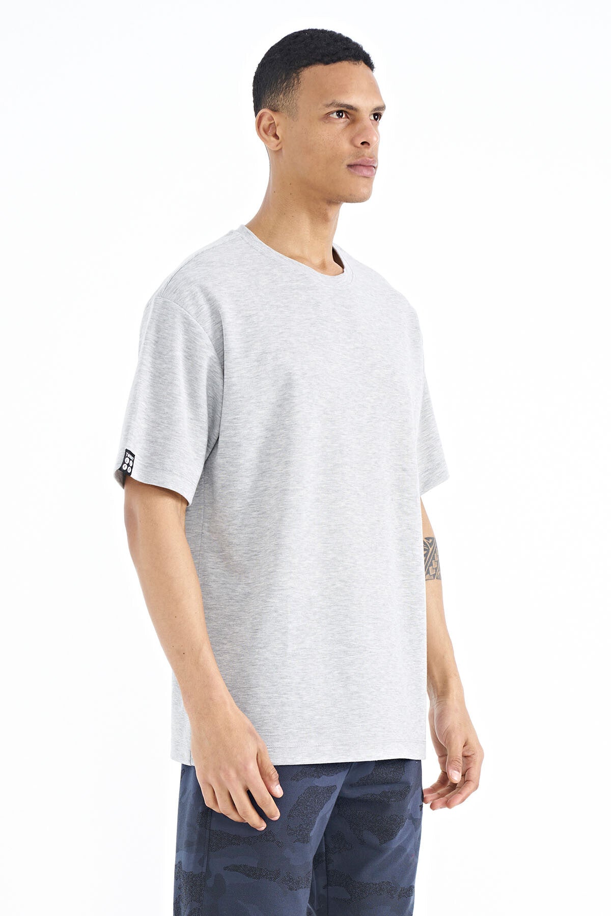 Grey Melange Long Sleeve Detailed Basic Oversize Men's T-Shirt - 88193