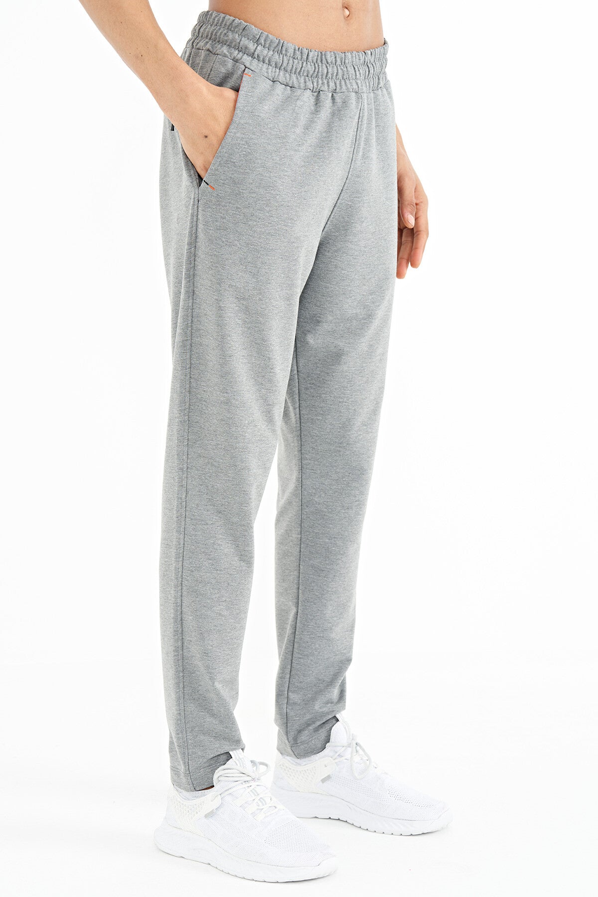 Grey Melange Logo Embroidered Detailed Side Pocket Standard Fit Men's Tracksuit Bottom - 84967