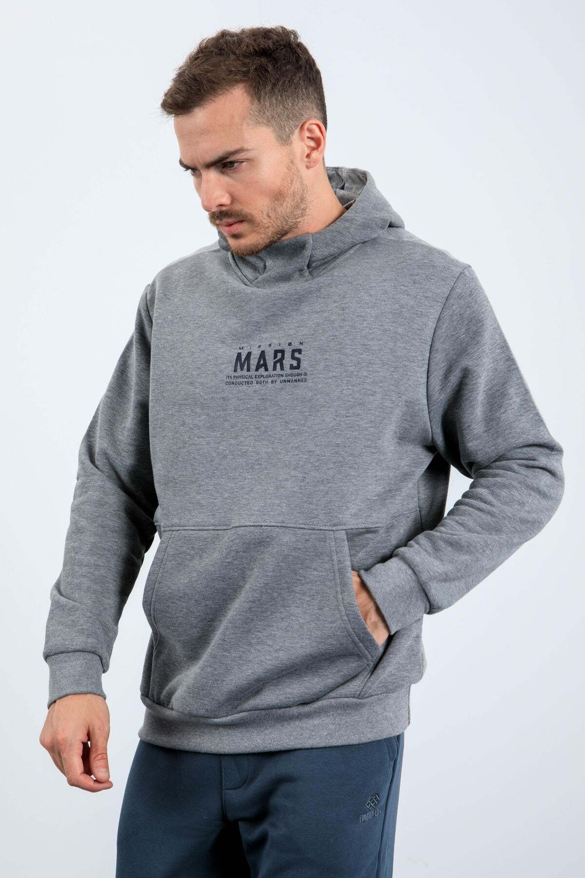 Grey Melange Mars Print and Back Printed Comfortable Fit Men's Hooded Sweatshirt - 88032