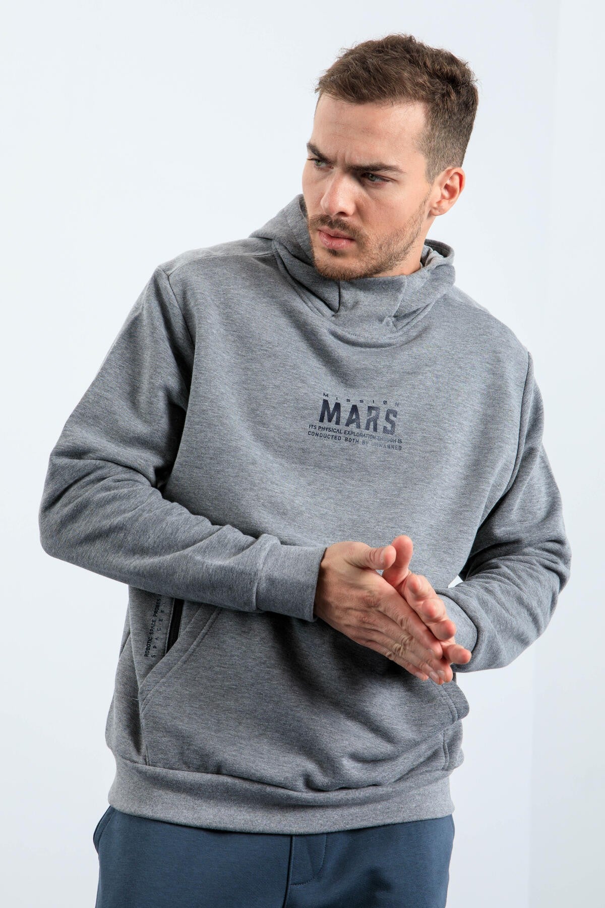 Grey Melange Mars Print and Back Printed Comfortable Fit Men's Hooded Sweatshirt - 88032