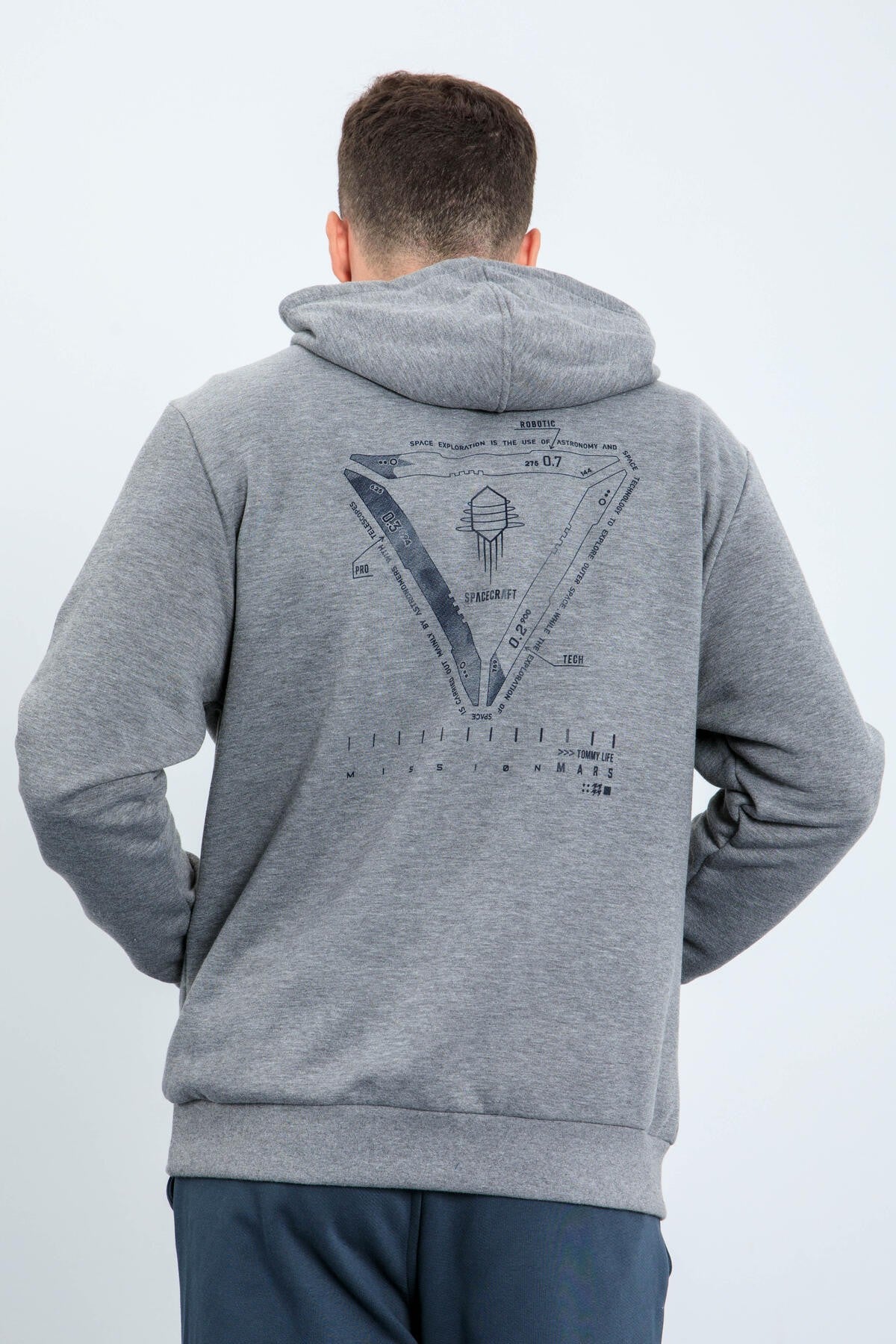 Grey Melange Mars Print and Back Printed Comfortable Fit Men's Hooded Sweatshirt - 88032