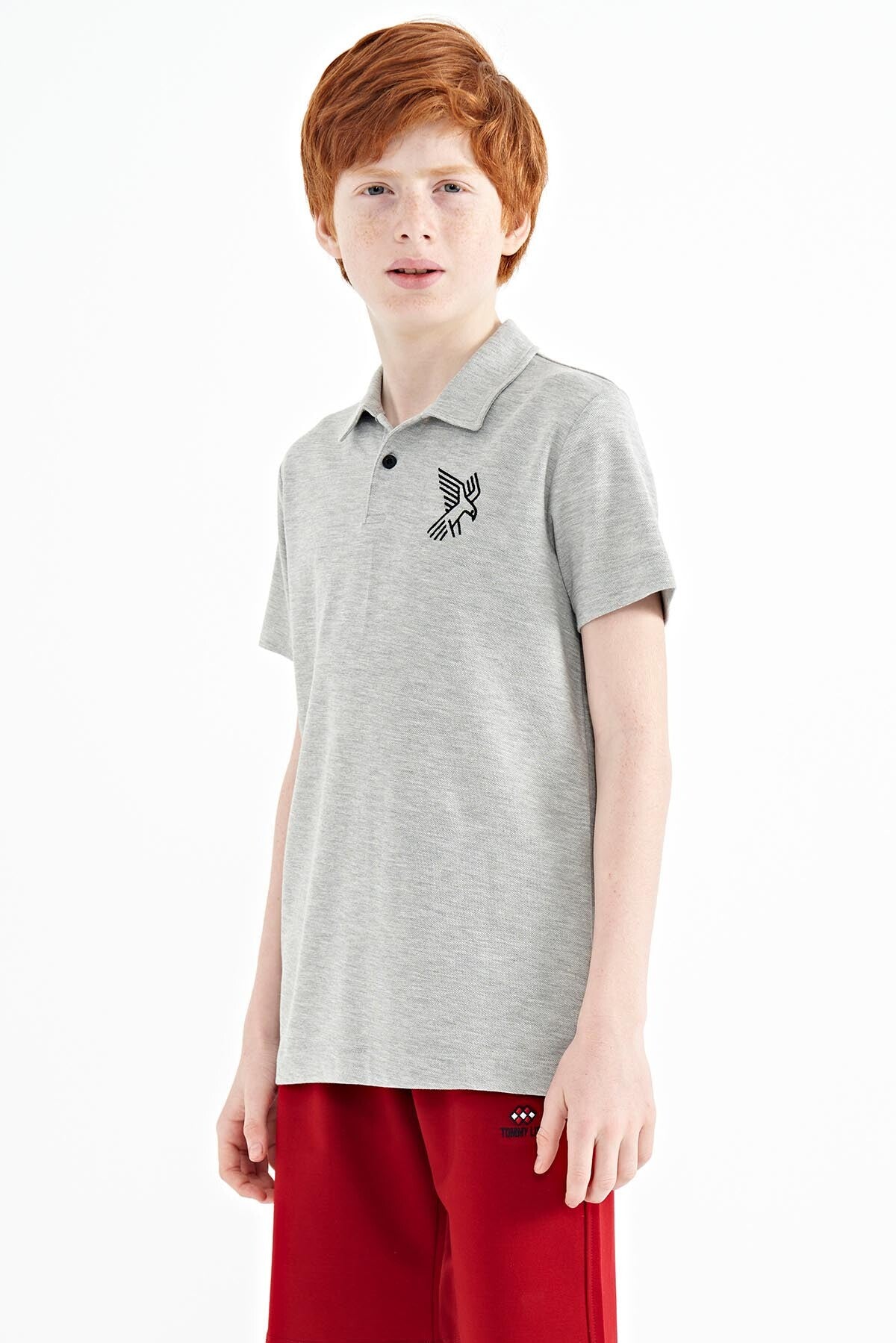 Grey Melange Minimal Embroidery Detailed Standard Fit Polo Collar Boys T-Shirt - 11084