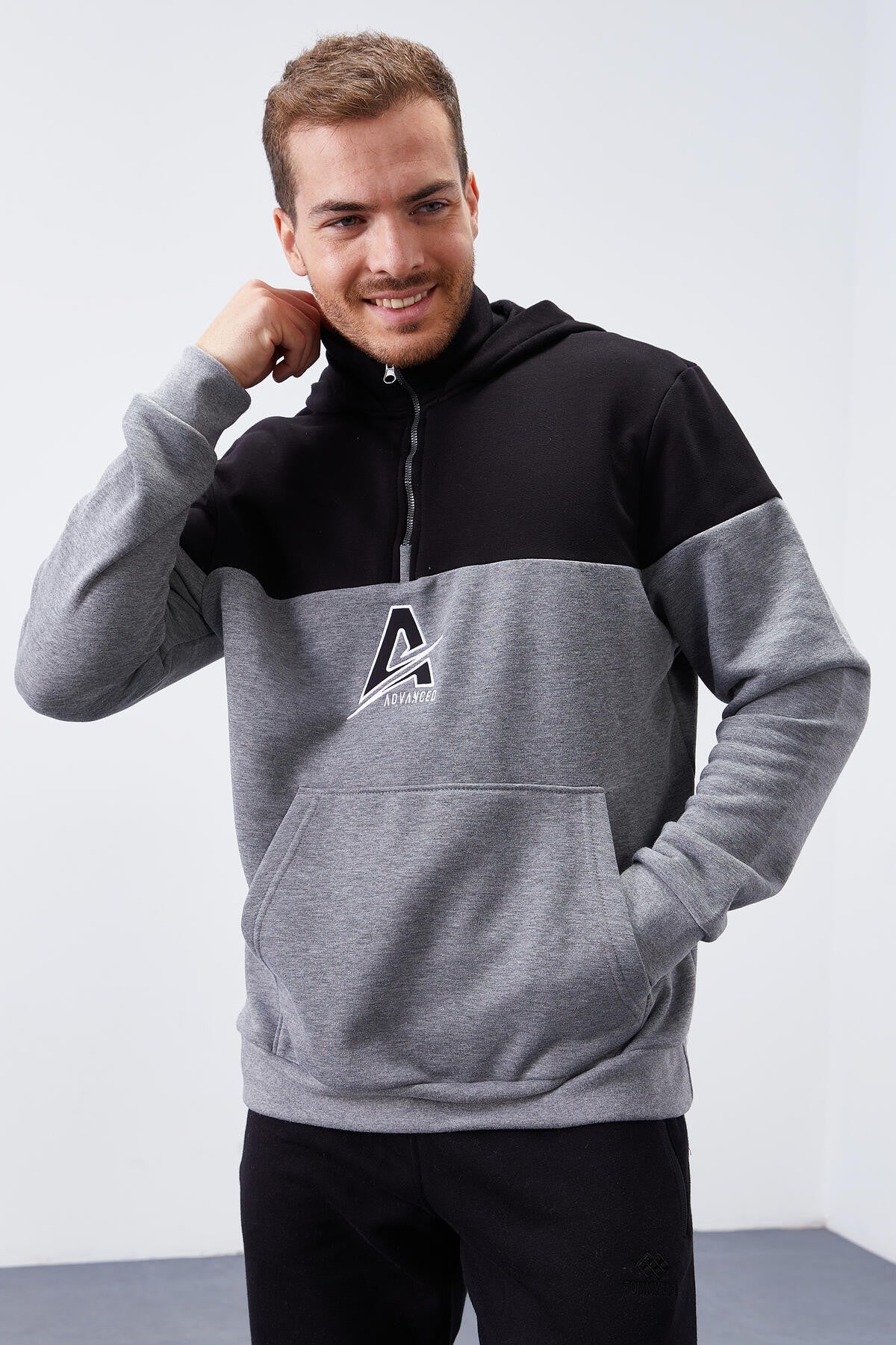 Grey Melange Men's Half Zip Standard Fit Hooded Sweatshirt - 88033