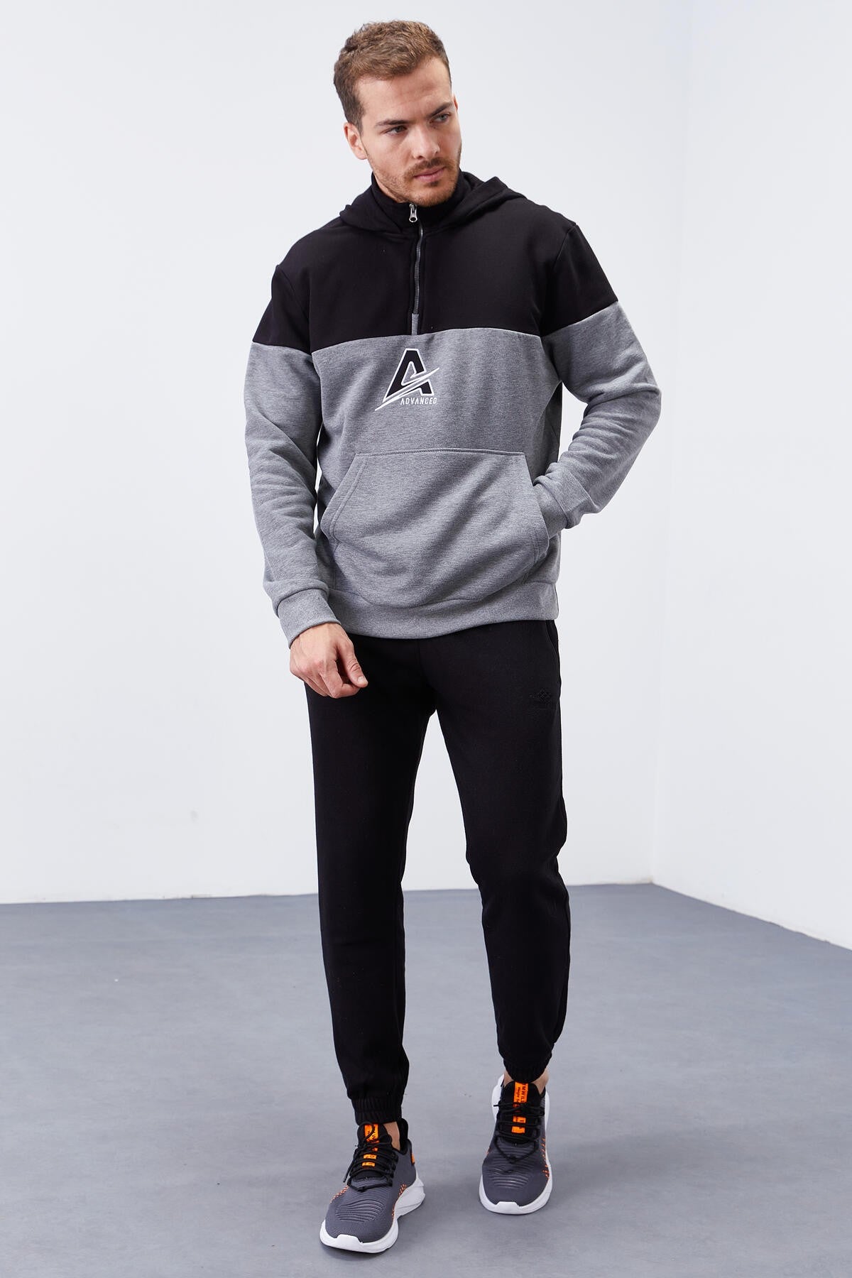 Grey Melange Men's Half Zip Standard Fit Hooded Sweatshirt - 88033