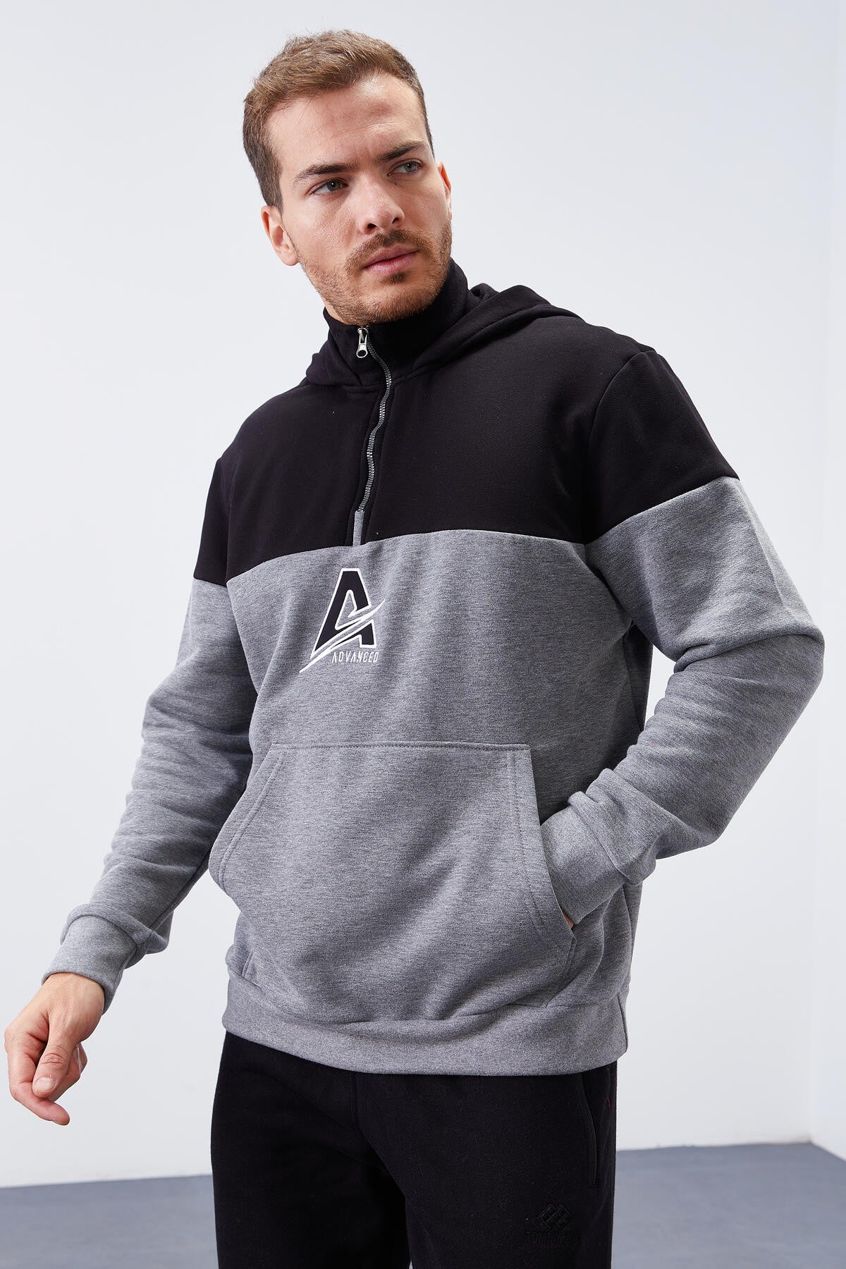 Grey Melange Men's Half Zip Standard Fit Hooded Sweatshirt - 88033