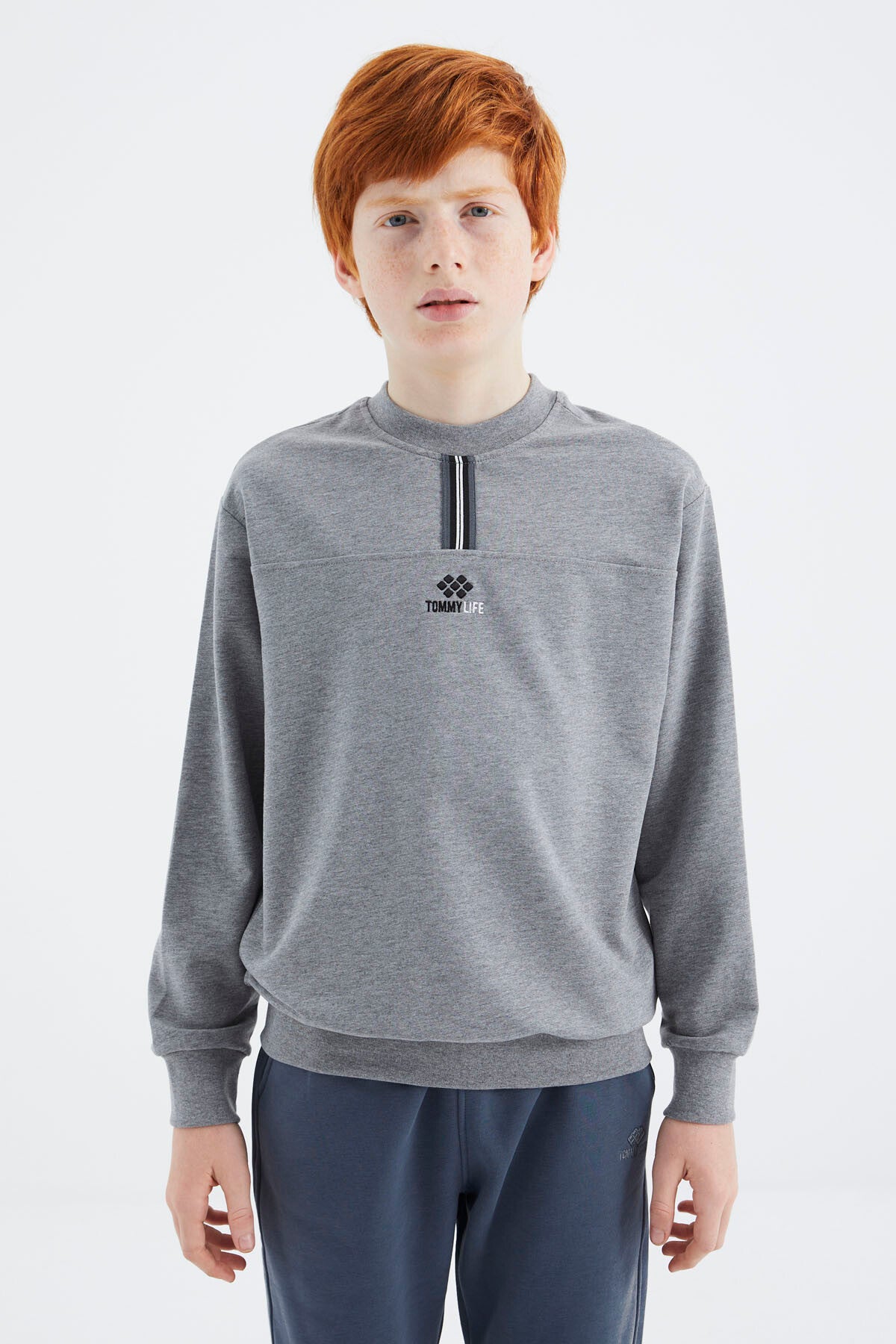 Grey Melange Round Neck Boys' Sweatshirt - 11178