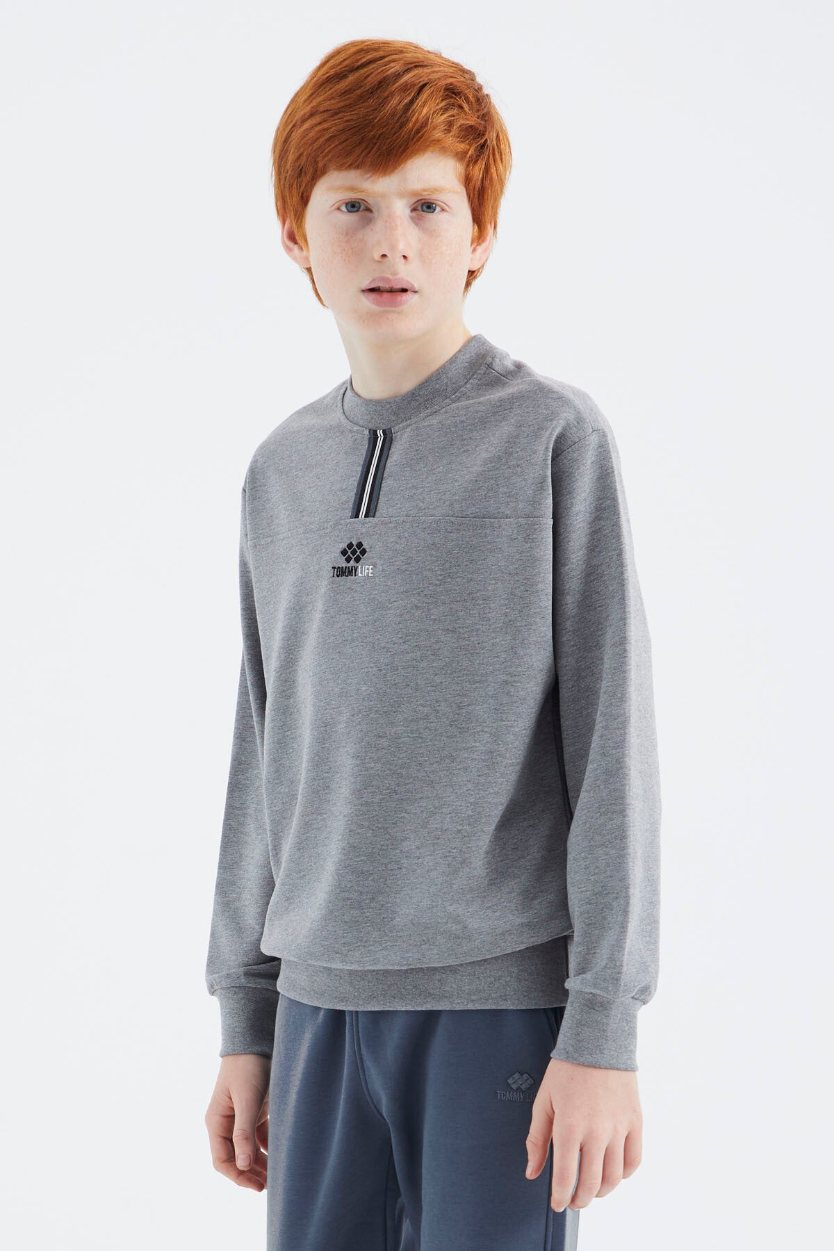 Grey Melange Round Neck Boys' Sweatshirt - 11178