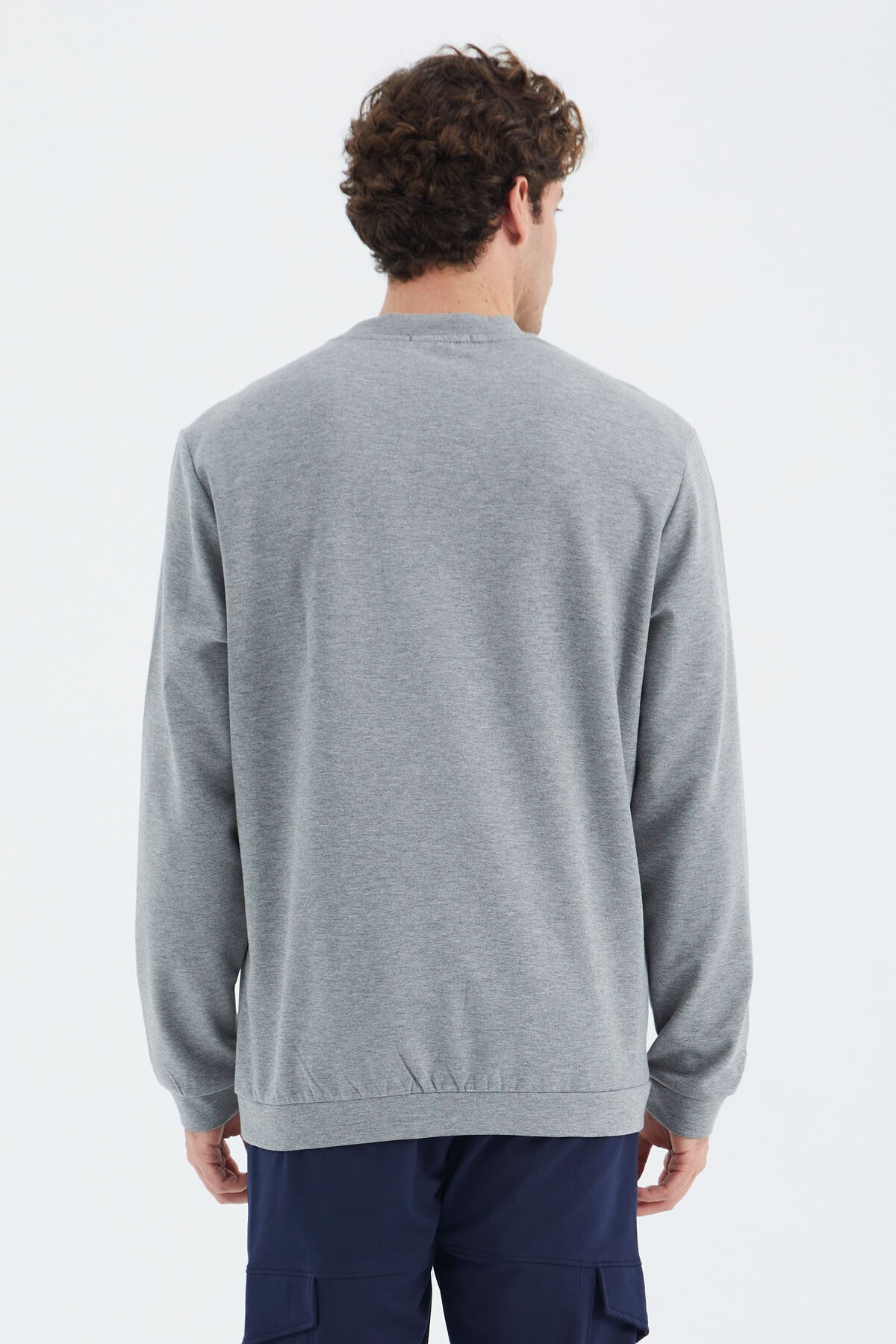 Grey Melange Round Neck Front Stitch Detailed Basic Relax Fit Men's Sweatshirt - 88270