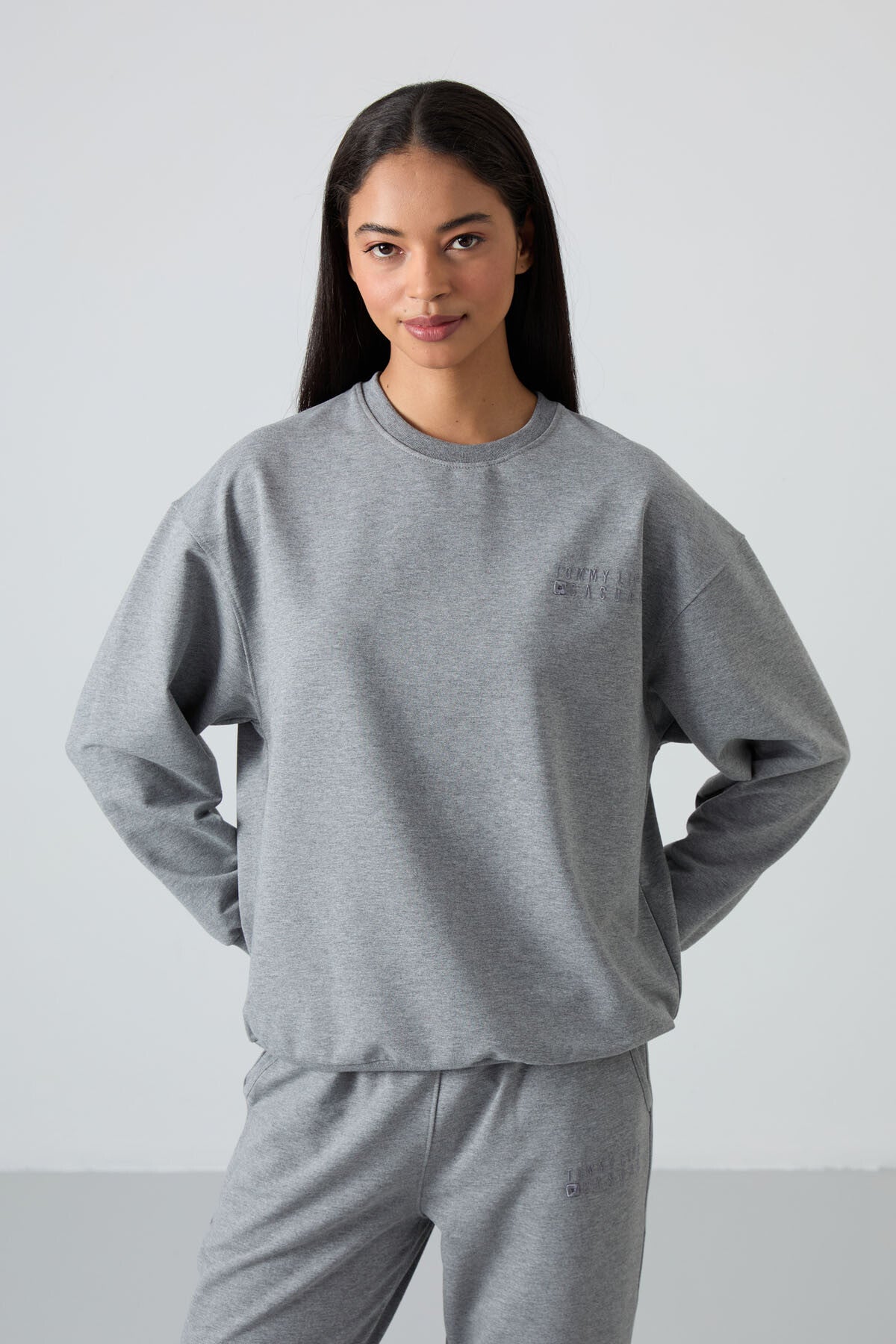 Grey Melange Basic Cotton Round Neck Oversize Elastic Cuffed Women's Tracksuit Set - 95287