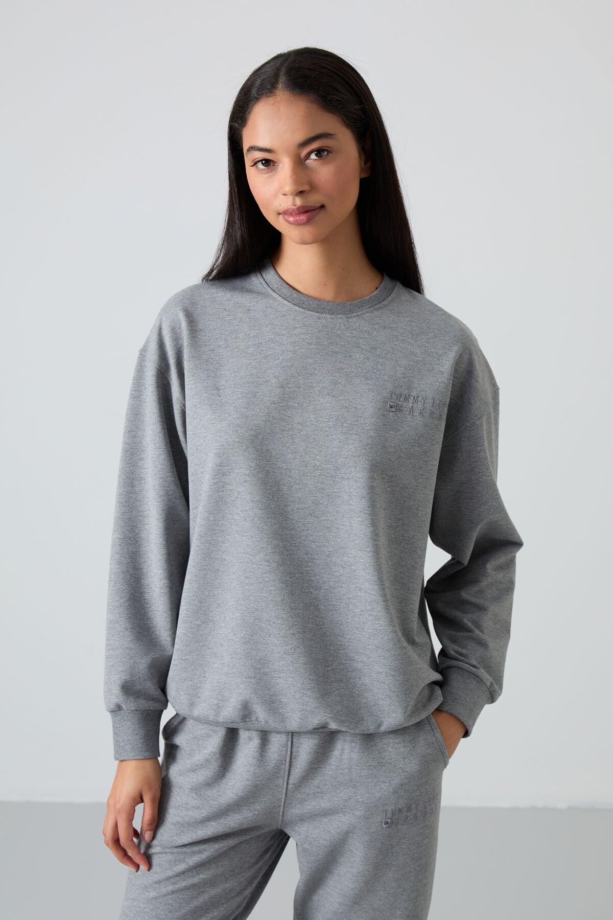 Grey Melange Basic Cotton Round Neck Oversize Elastic Cuffed Women's Tracksuit Set - 95287