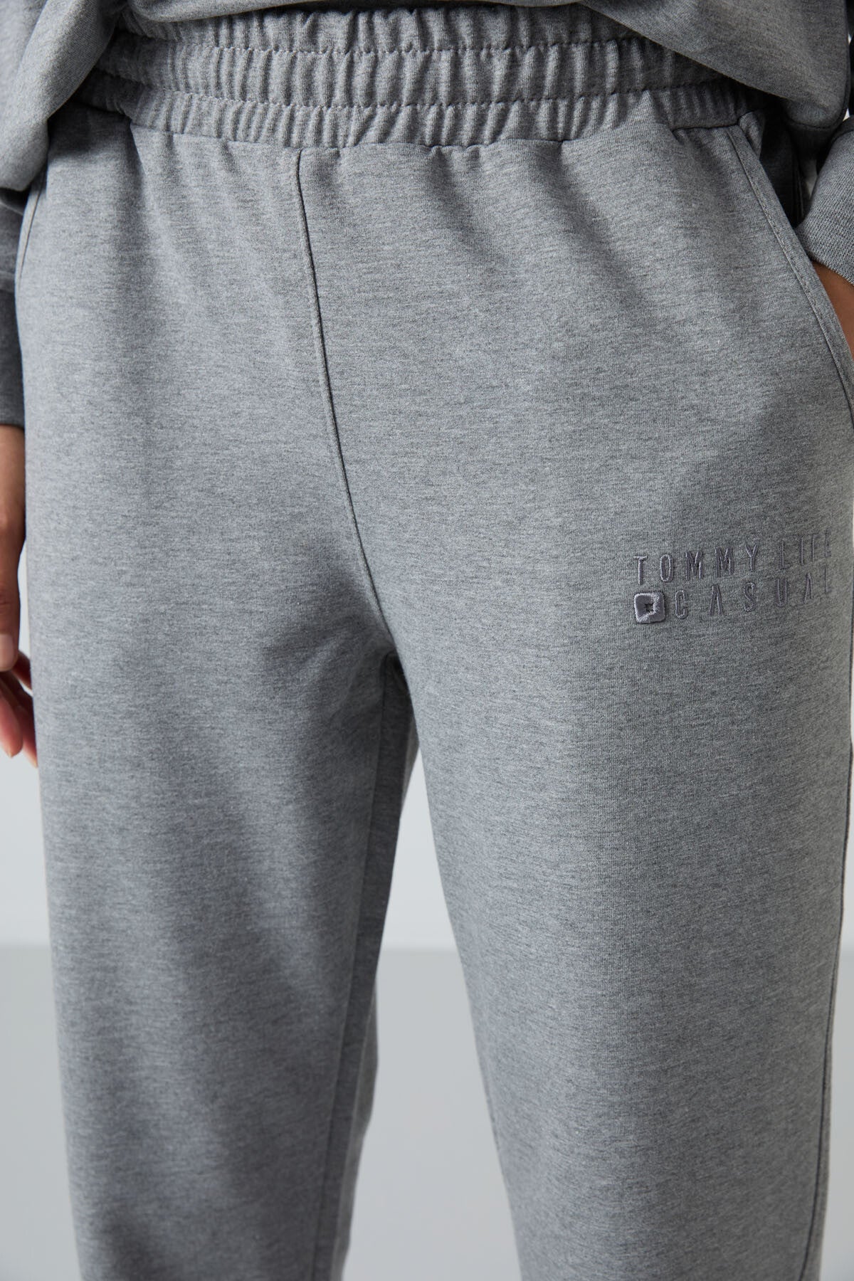 Grey Melange Basic Cotton Round Neck Oversize Elastic Cuffed Women's Tracksuit Set - 95287