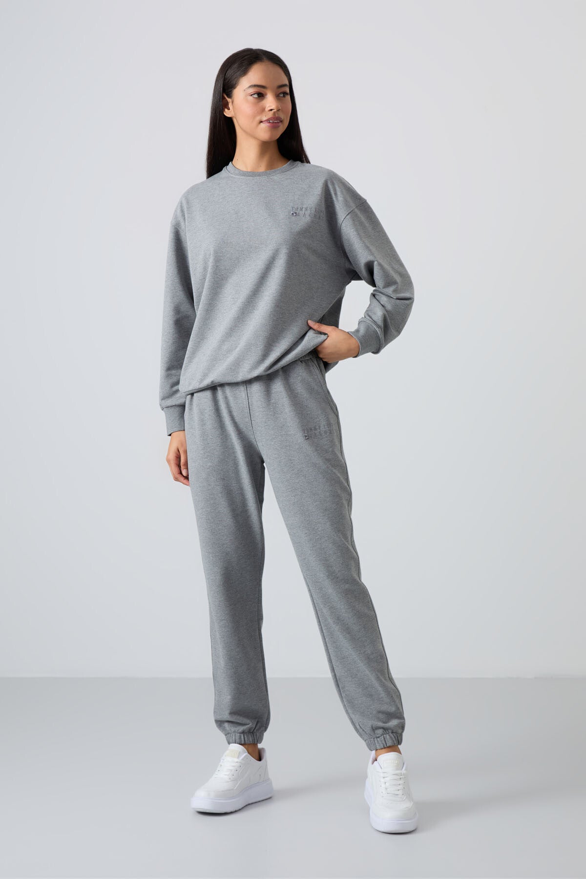 Grey Melange Basic Cotton Round Neck Oversize Elastic Cuffed Women's Tracksuit Set - 95287