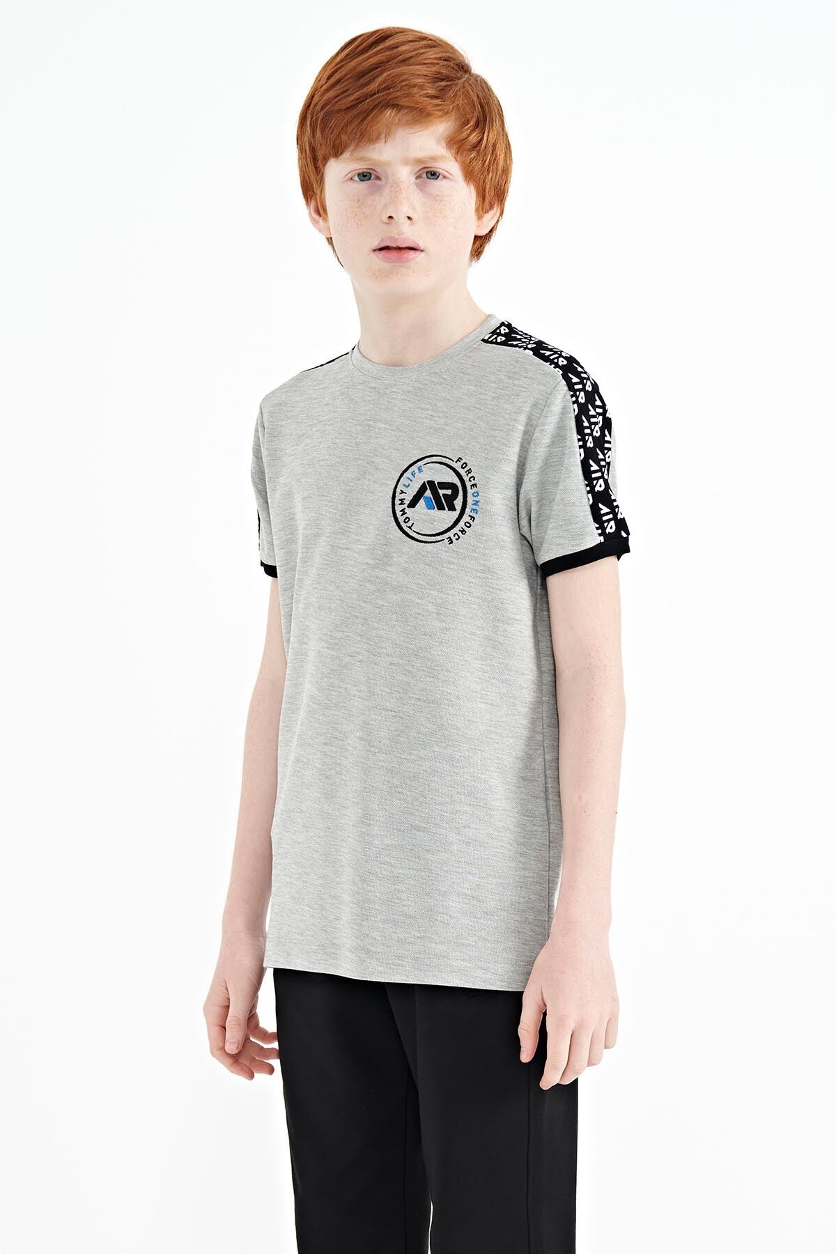 Grey Melange Shoulder Print Detailed Standard Fit O Neck Boys T-Shirt - 11121