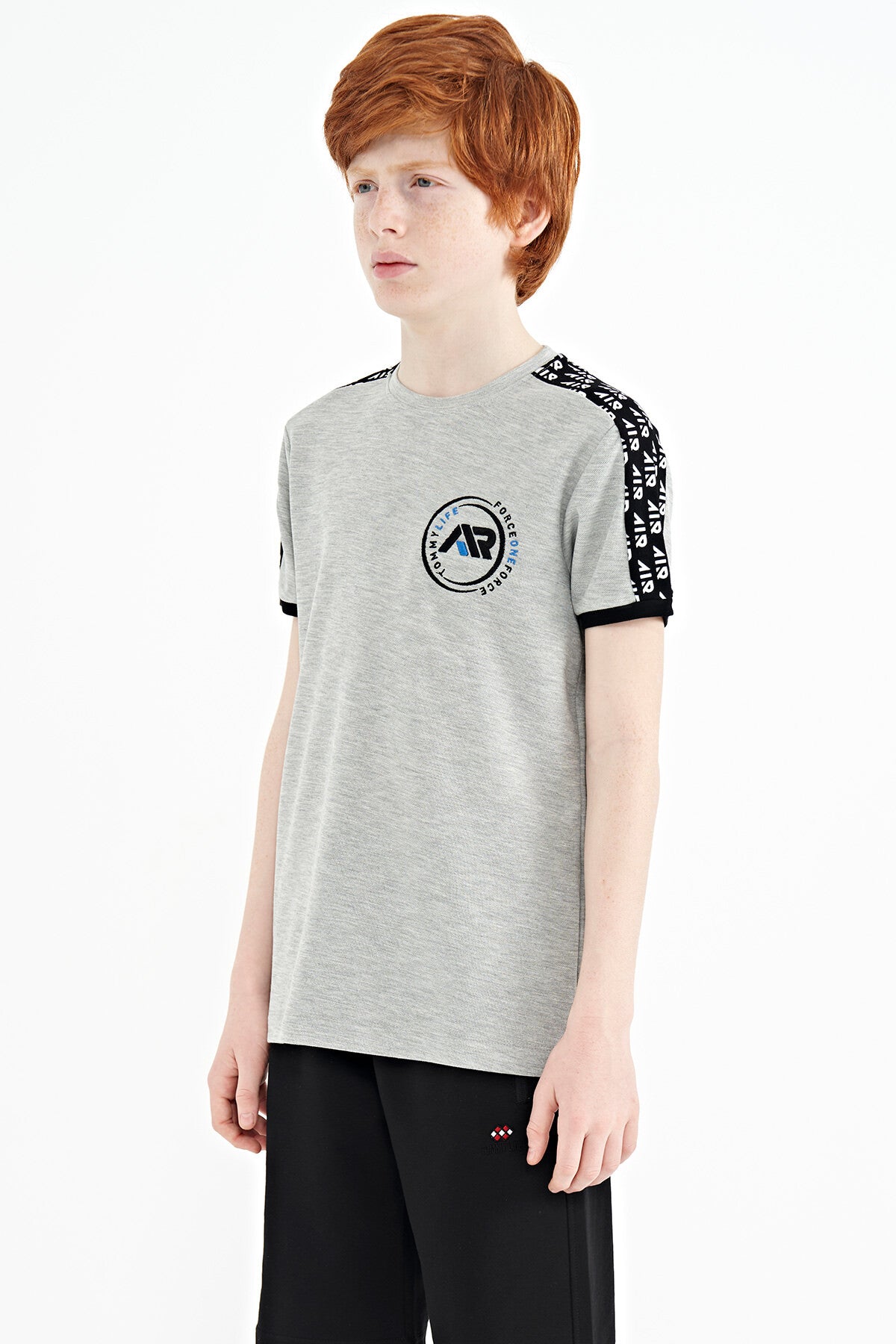 Grey Melange Shoulder Print Detailed Standard Fit O Neck Boys T-Shirt - 11121