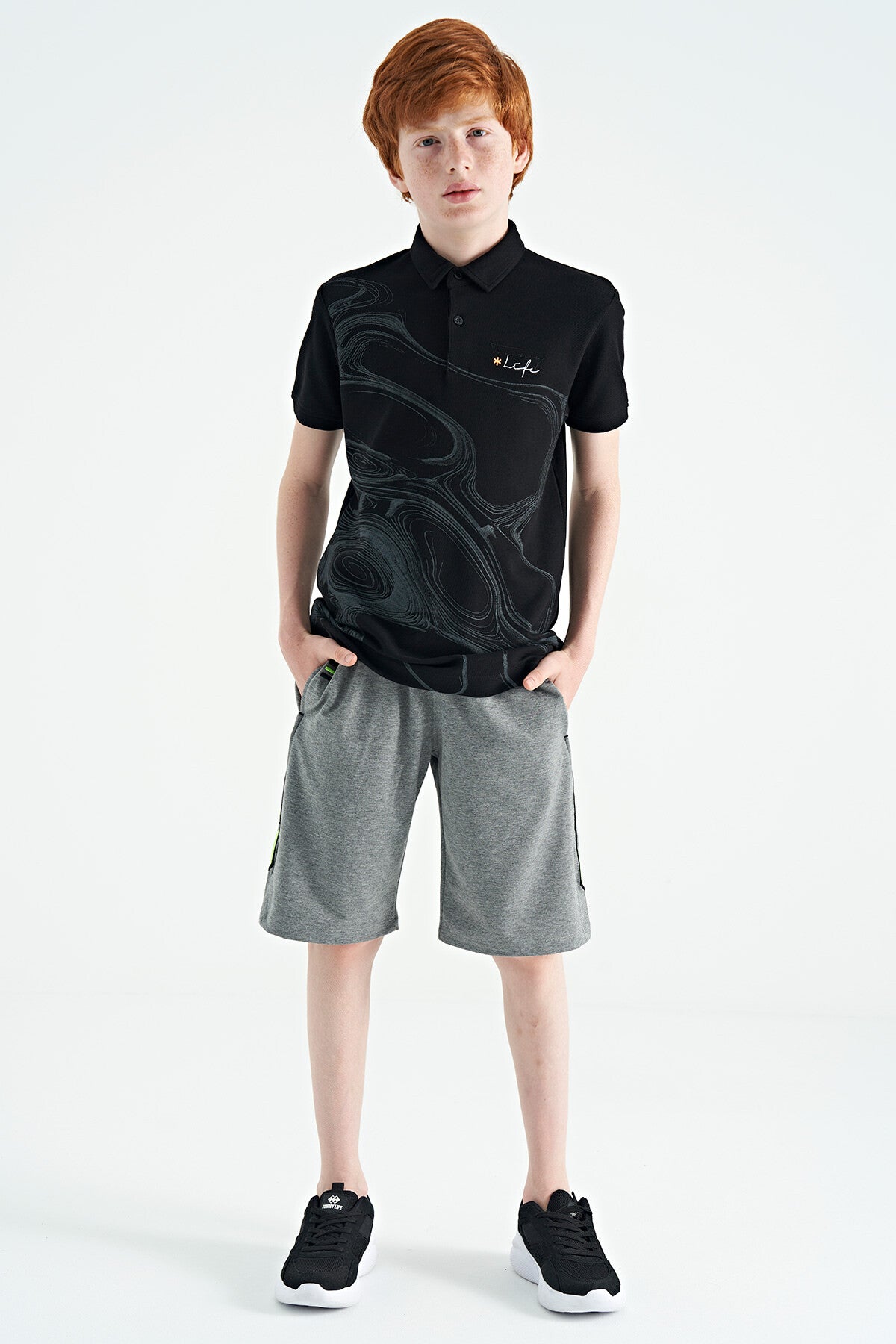 Grey Melange Front Back Embroidered Detailed Laced Standard Fit Boys Shorts - 11123