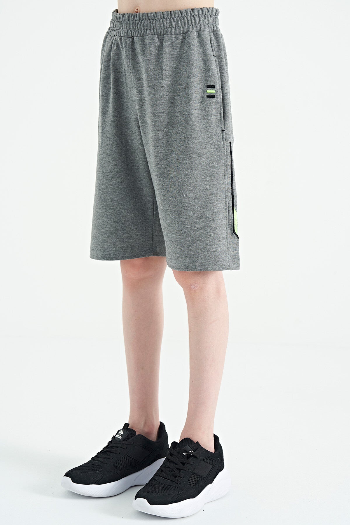 Grey Melange Front Back Embroidered Detailed Laced Standard Fit Boys Shorts - 11123