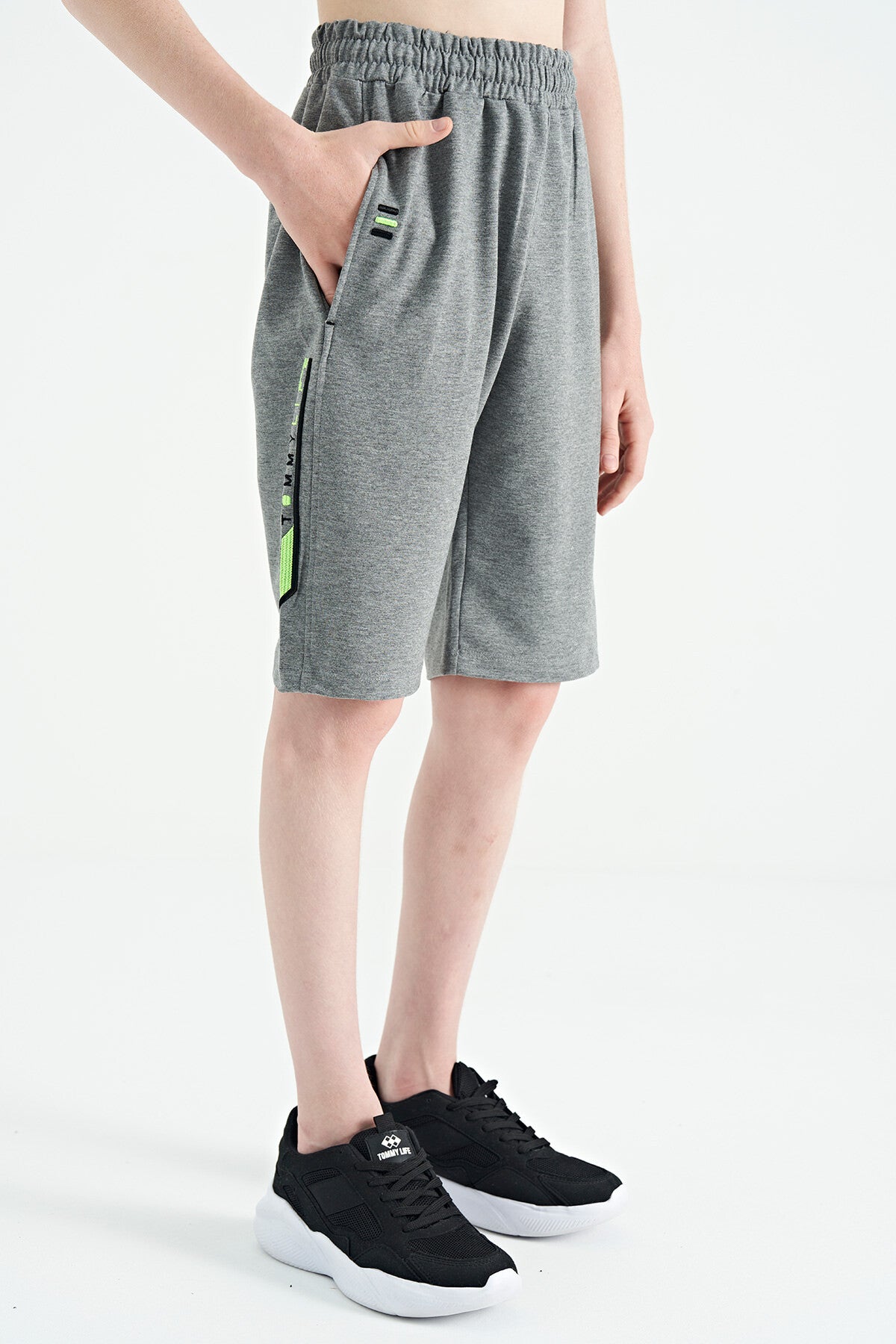 Grey Melange Front Back Embroidered Detailed Laced Standard Fit Boys Shorts - 11123