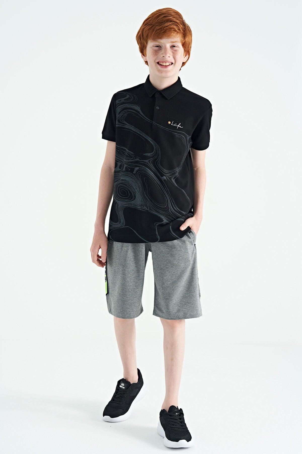 Grey Melange Front Back Embroidered Detailed Laced Standard Fit Boys Shorts - 11123