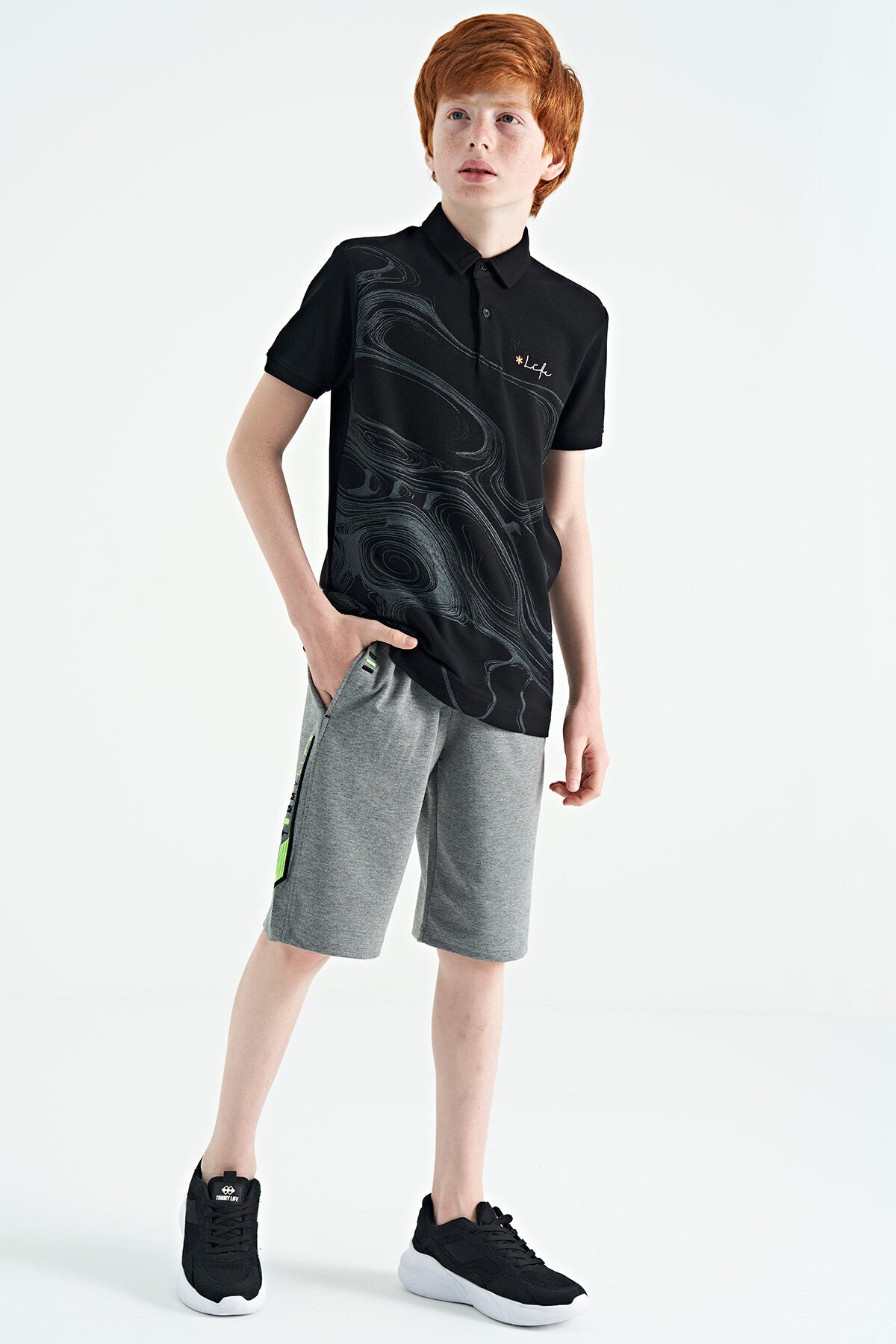 Grey Melange Front Back Embroidered Detailed Laced Standard Fit Boys Shorts - 11123