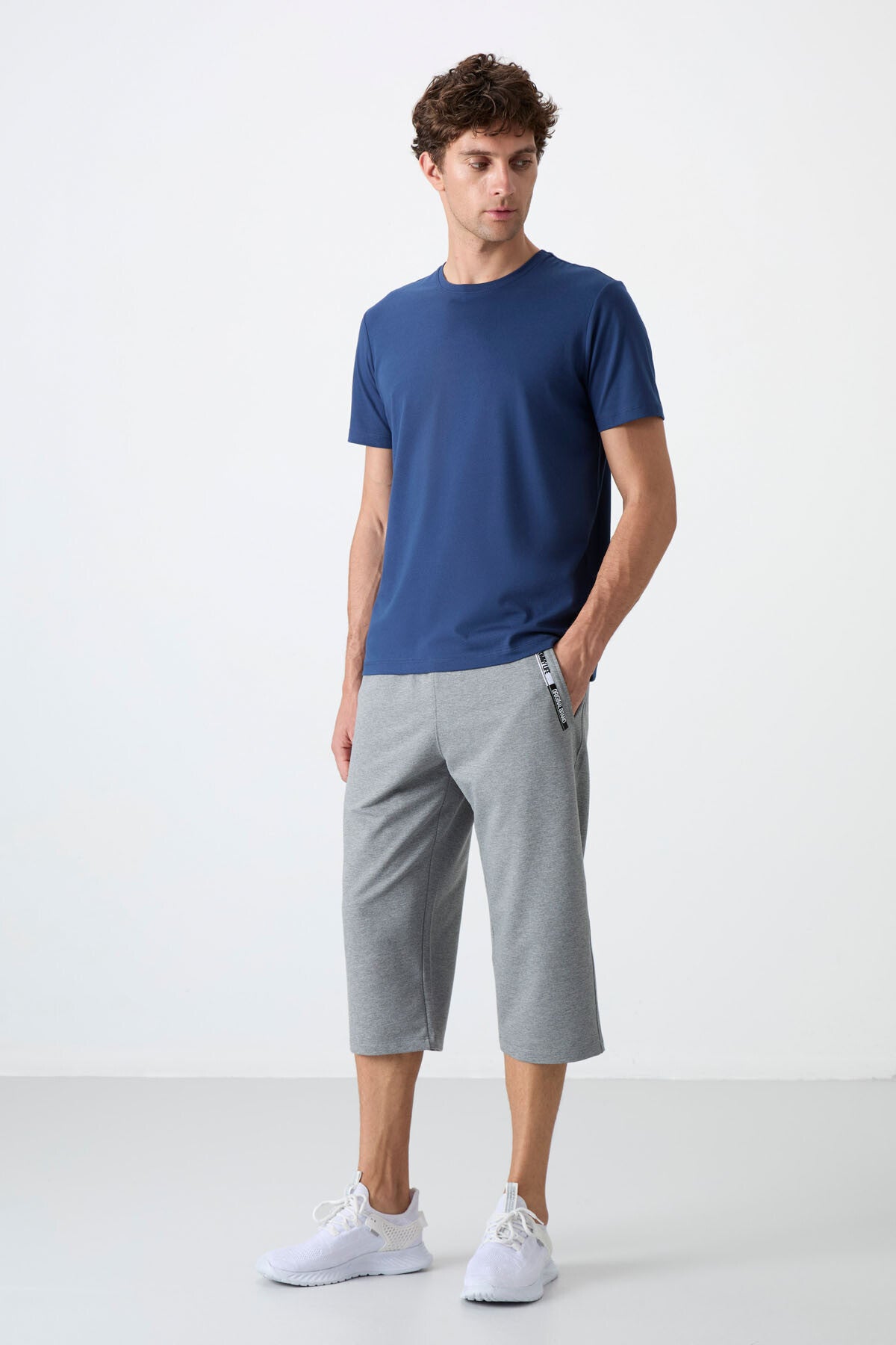Grey Melange Front Pocket Detailed Standard Fit Classic Hem Men's Capri - 83092