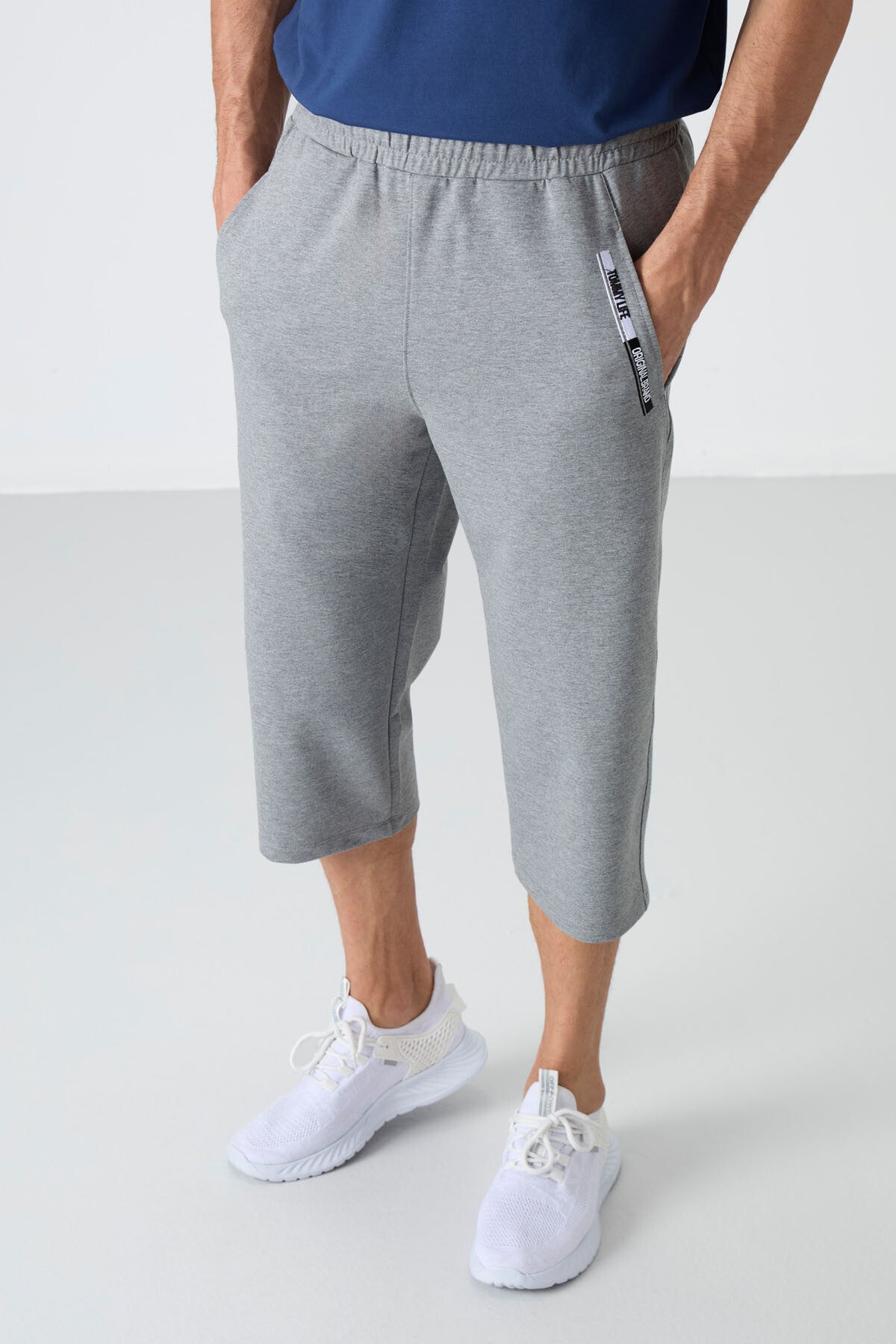 Grey Melange Front Pocket Detailed Standard Fit Classic Hem Men's Capri - 83092