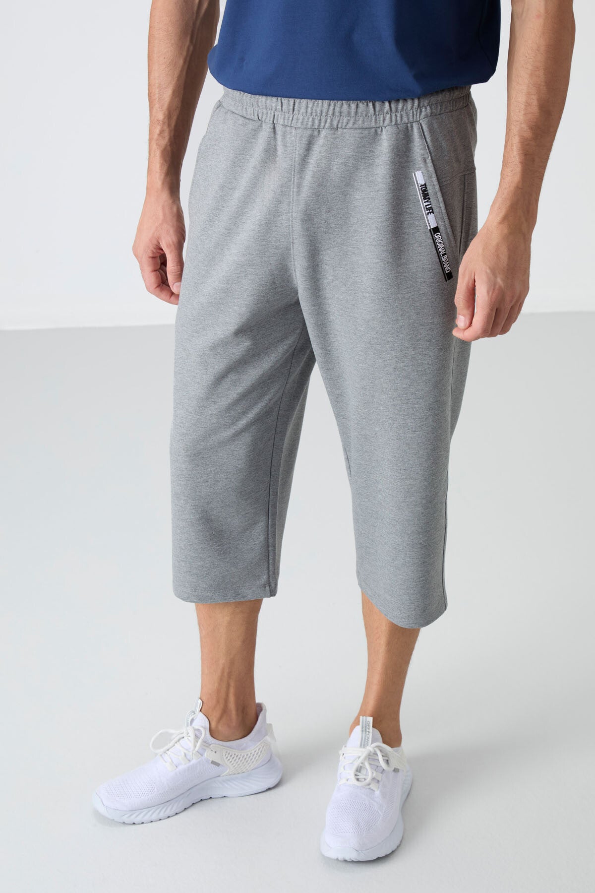 Grey Melange Front Pocket Detailed Standard Fit Classic Hem Men's Capri - 83092