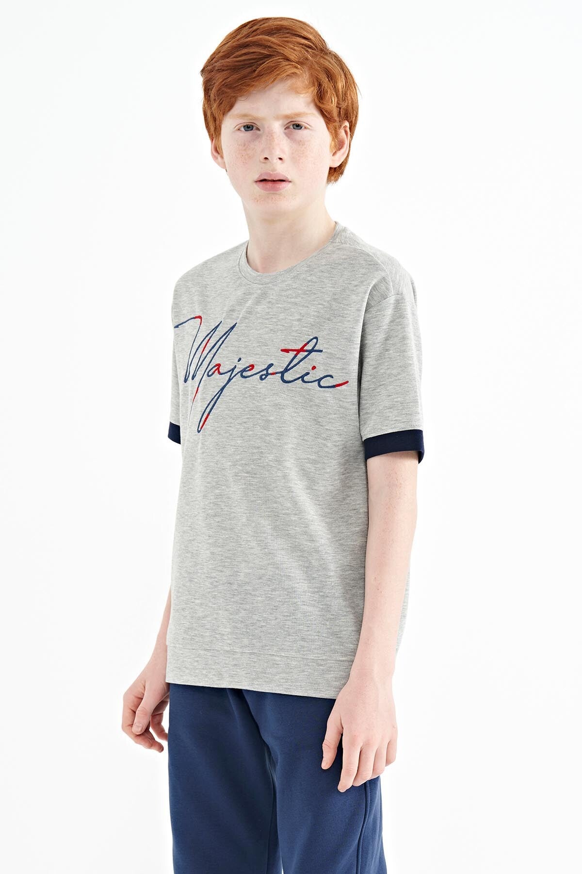 Grey Melange Round Neck Embroidered Oversize Boys' T-Shirt - 11147