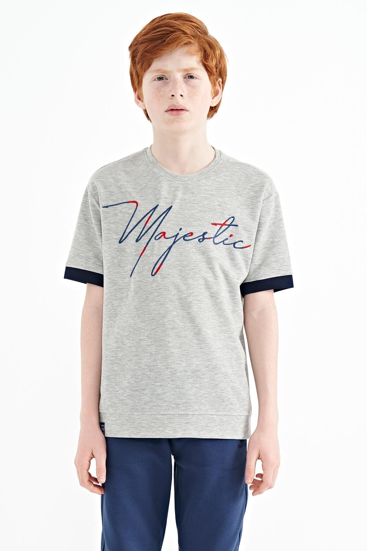 Grey Melange Round Neck Embroidered Oversize Boys' T-Shirt - 11147