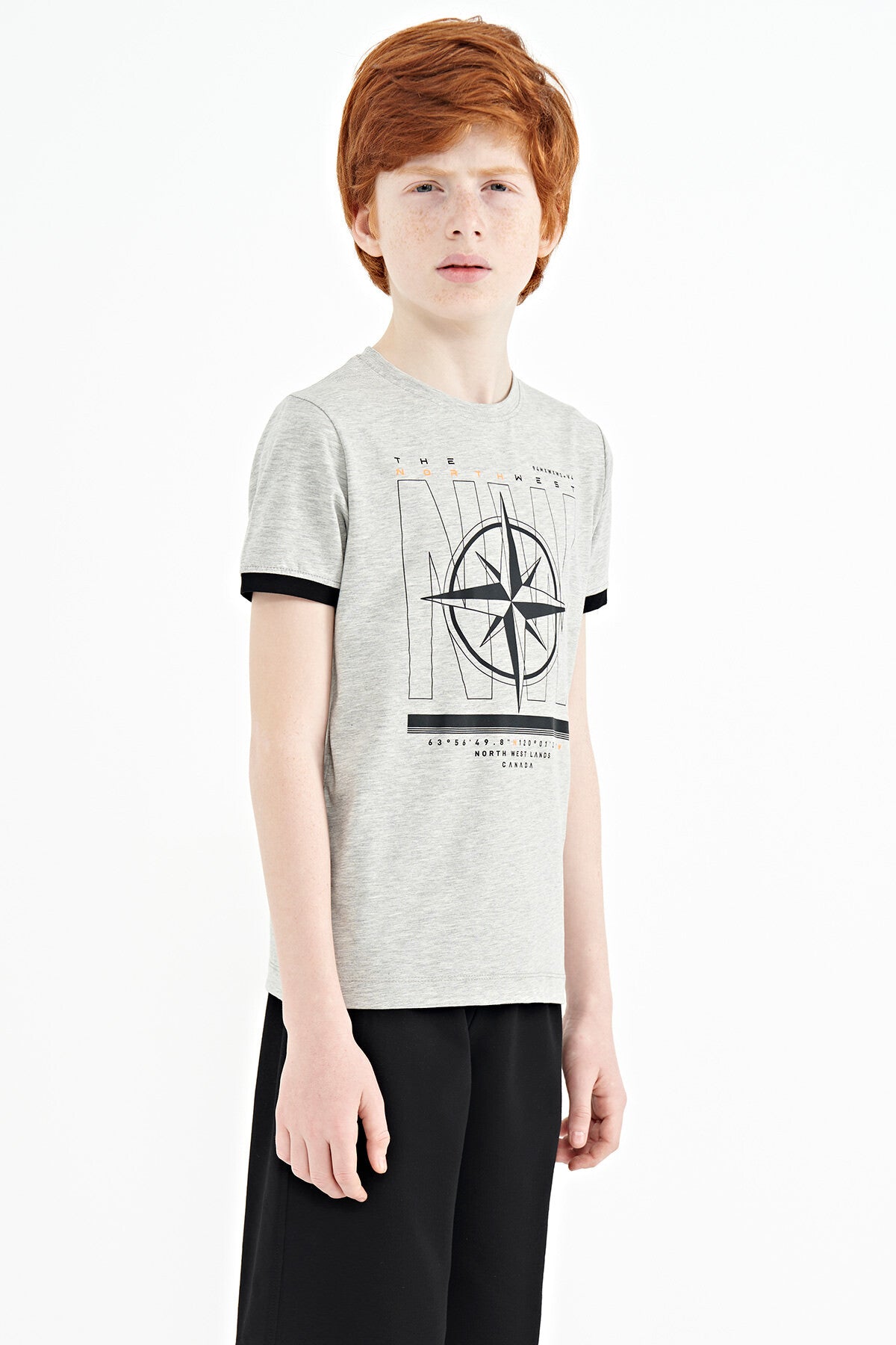 Grey Melange Compass Print Standard Fit O Neck Boys T-Shirt - 11106