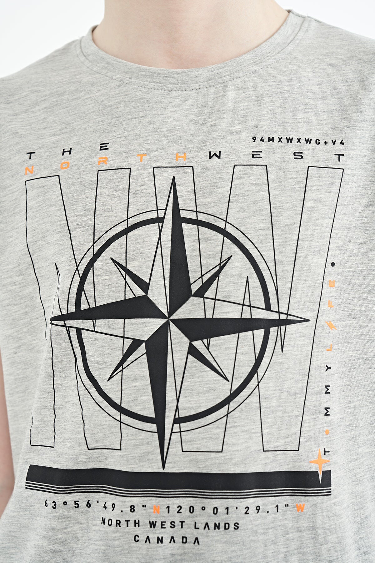 Grey Melange Compass Print Standard Fit O Neck Boys T-Shirt - 11106