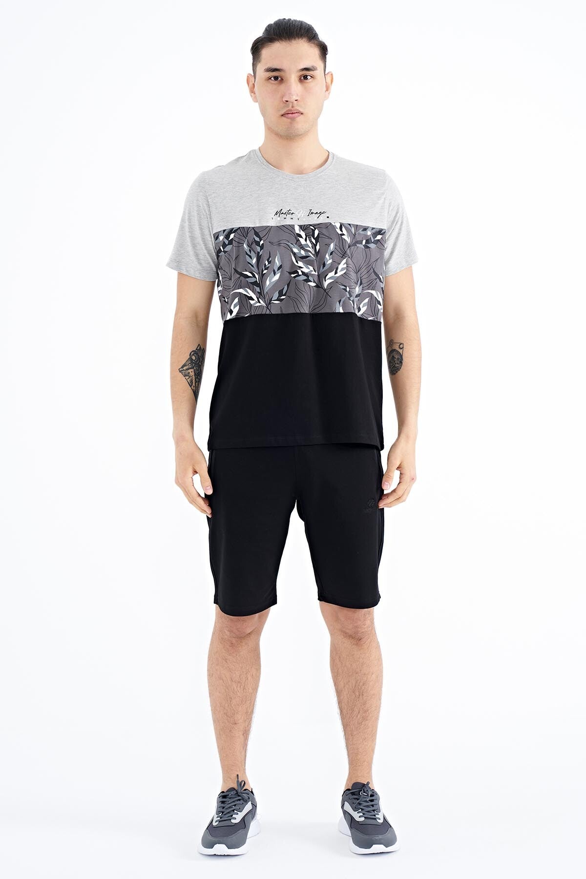 Grey Melange Color Gradient Print Detailed O Collar Standard Fit Men's T-Shirt - 88177