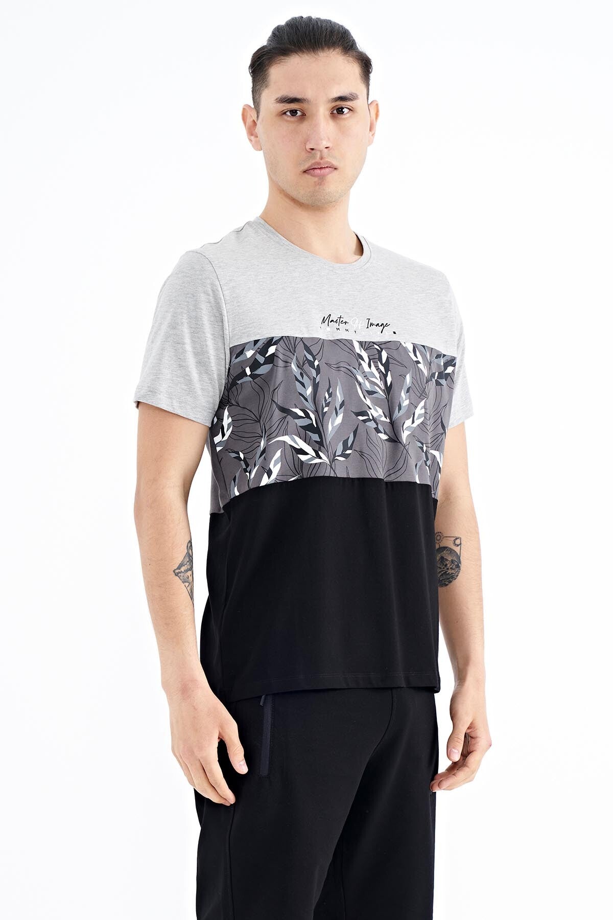 Grey Melange Color Gradient Print Detailed O Collar Standard Fit Men's T-Shirt - 88177