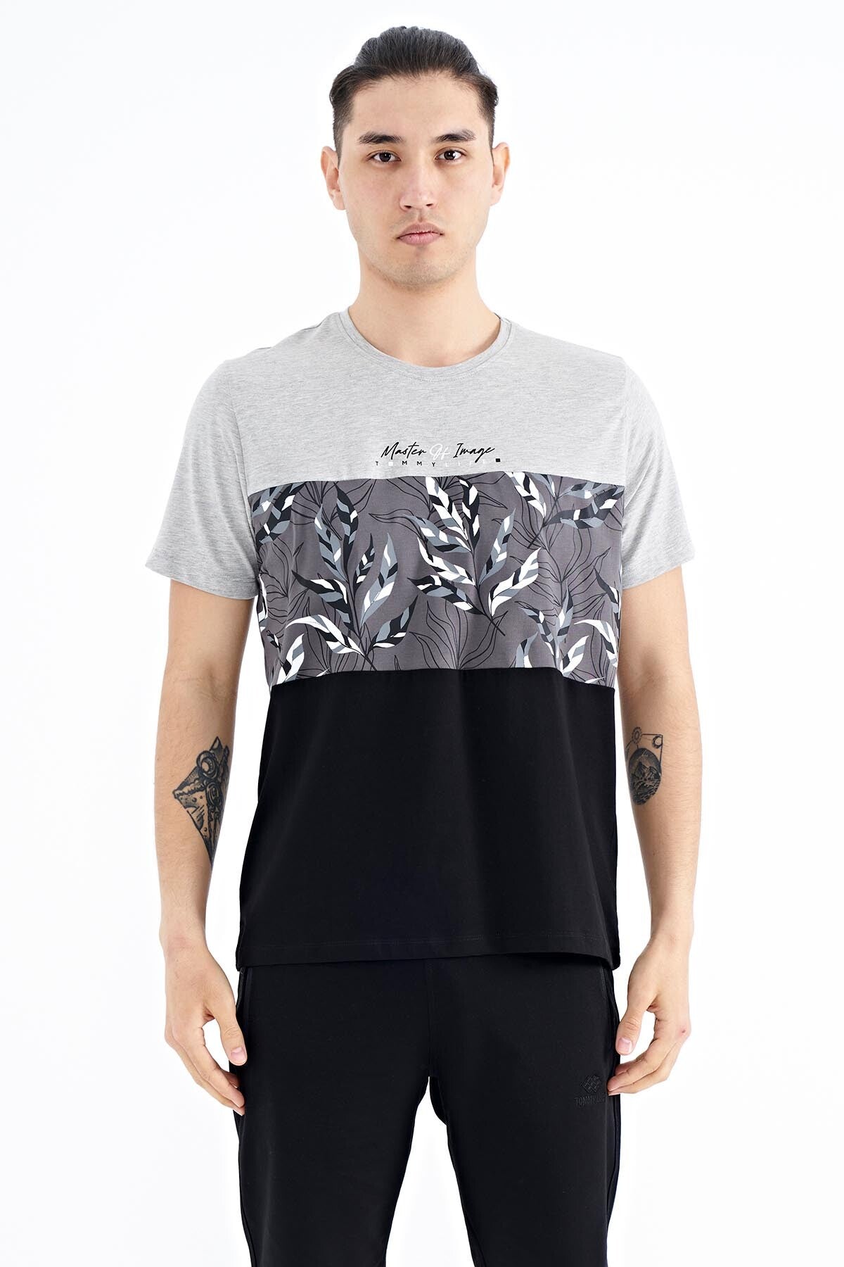 Grey Melange Color Gradient Print Detailed O Collar Standard Fit Men's T-Shirt - 88177