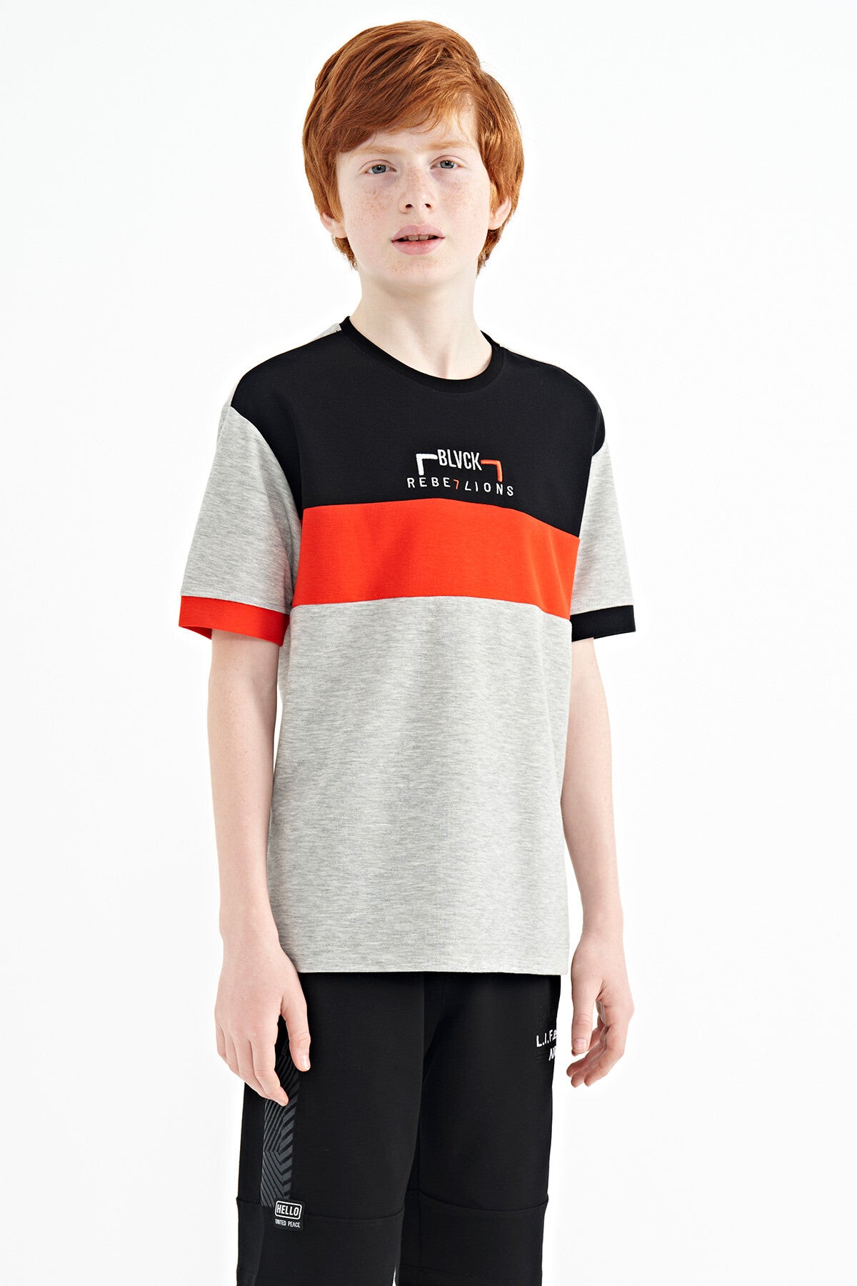 Grey Melange Color Transition Embroidered Oversize Boys T-Shirt - 11159