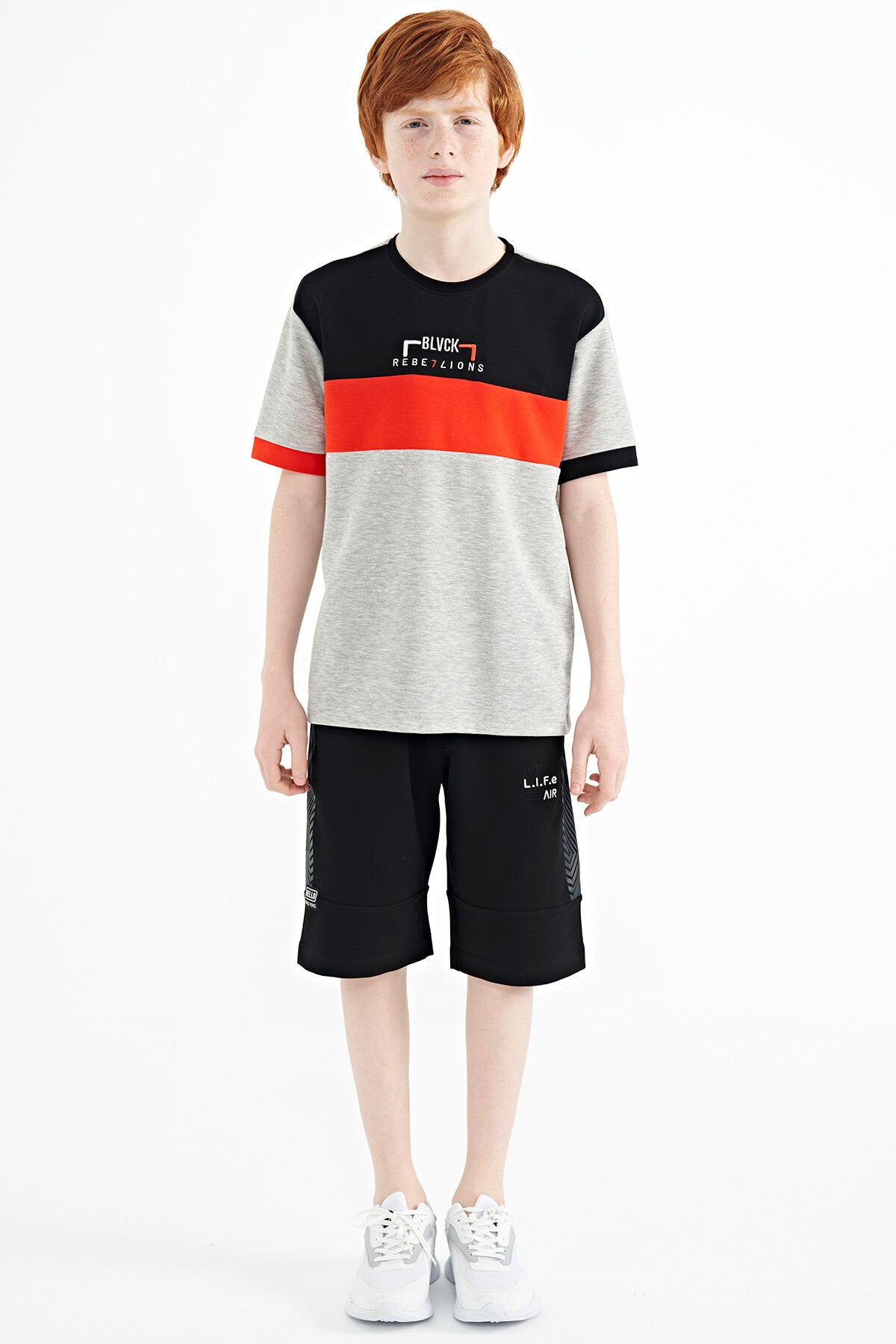 Grey Melange Color Transition Embroidered Oversize Boys T-Shirt - 11159