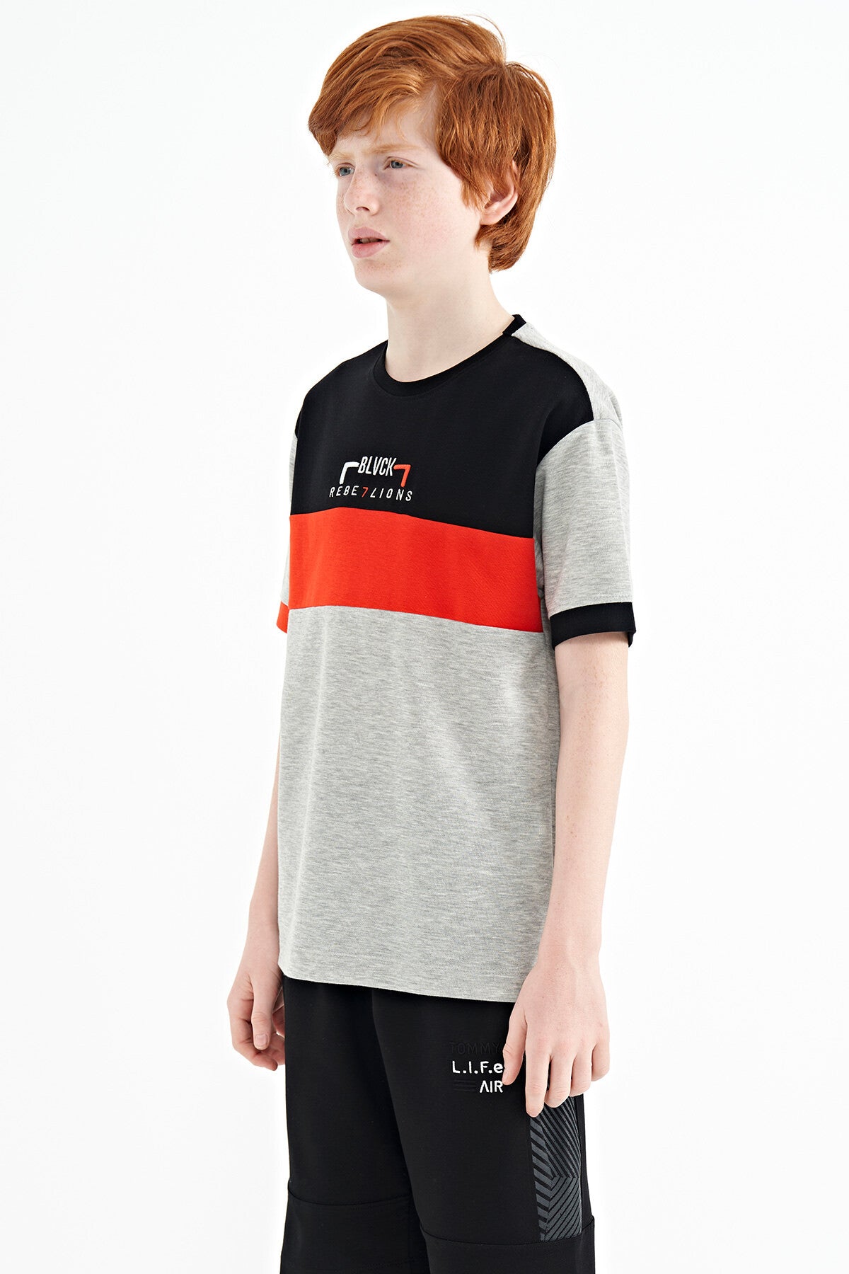 Grey Melange Color Transition Embroidered Oversize Boys T-Shirt - 11159