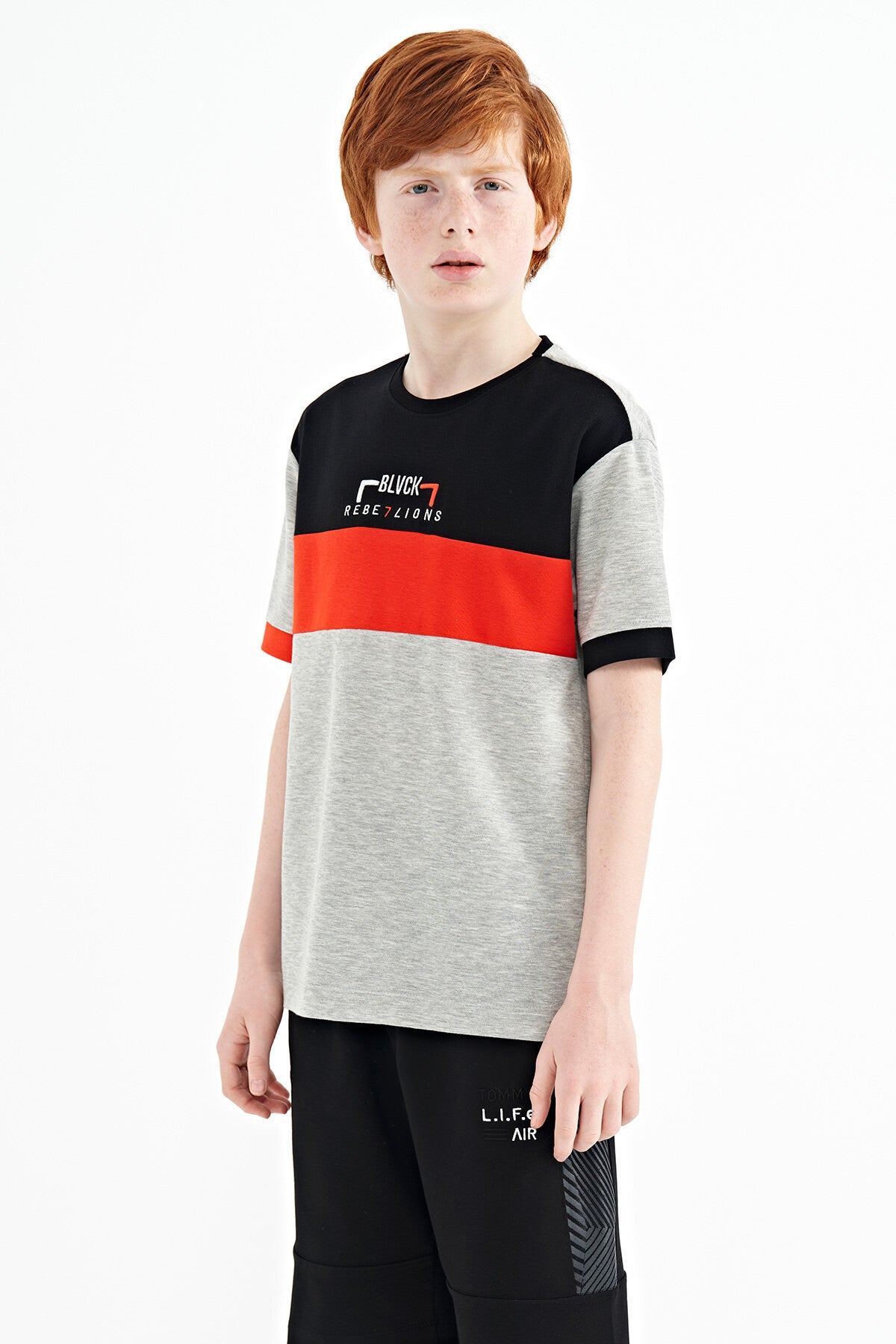 Grey Melange Color Transition Embroidered Oversize Boys T-Shirt - 11159