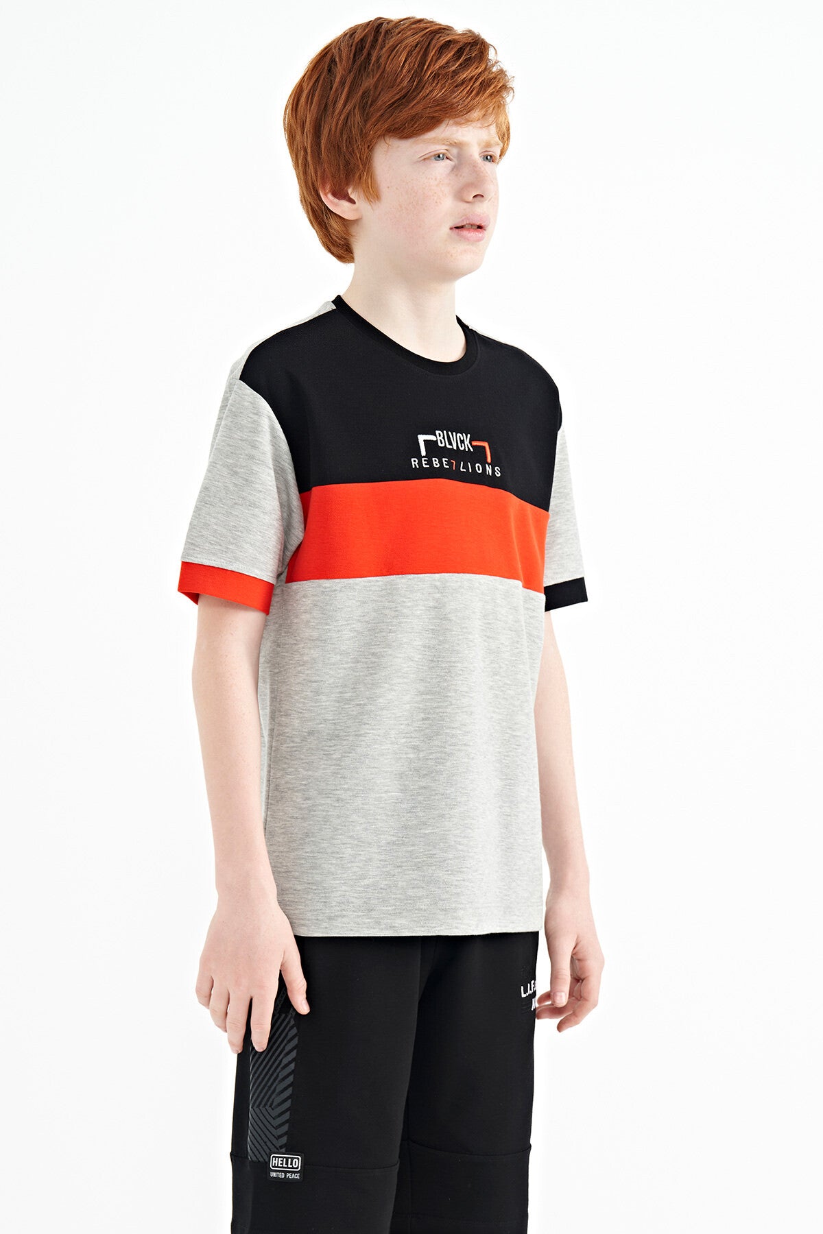 Grey Melange Color Transition Embroidered Oversize Boys T-Shirt - 11159