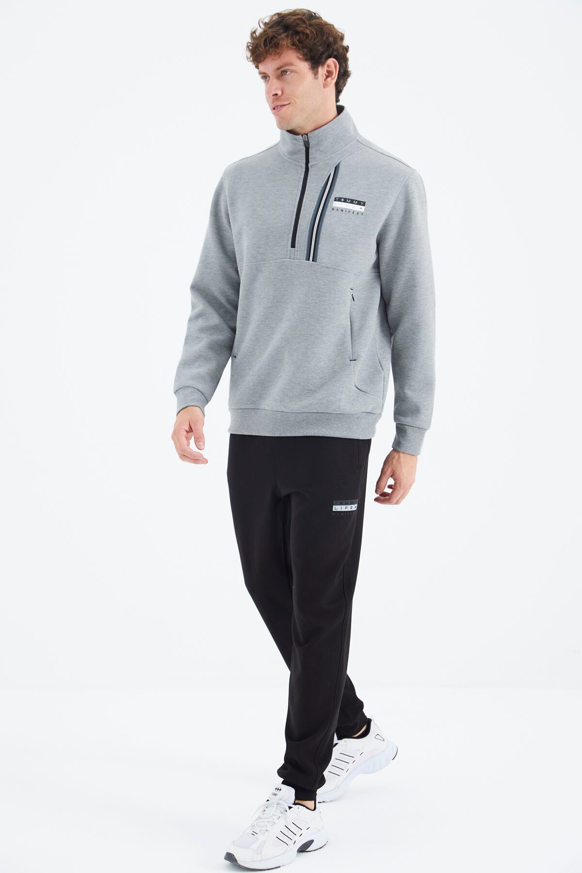 Grey Melange - Black Stand Collar Half Zippered Hidden Pocket Detailed Relax Fit Men's Tracksuit Set - 85221