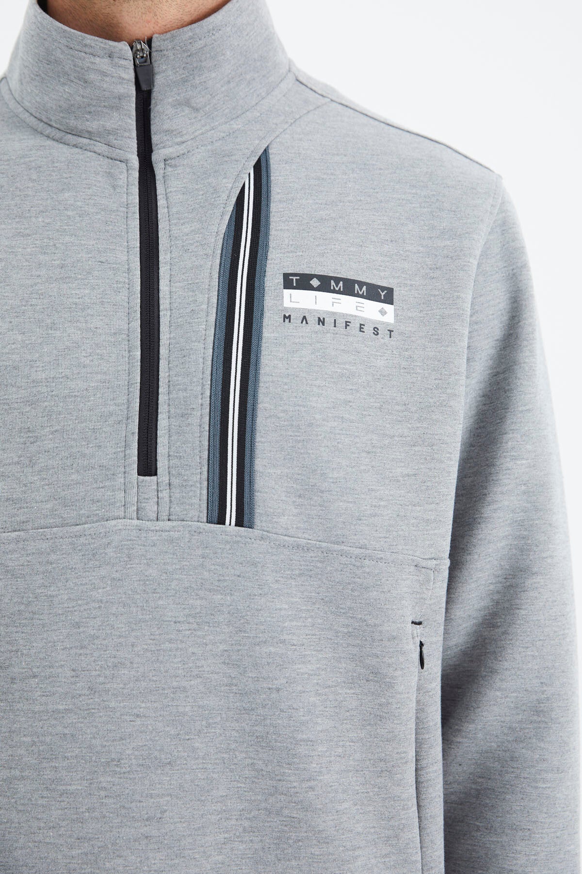 Grey Melange - Black Stand Collar Half Zippered Hidden Pocket Detailed Relax Fit Men's Tracksuit Set - 85221