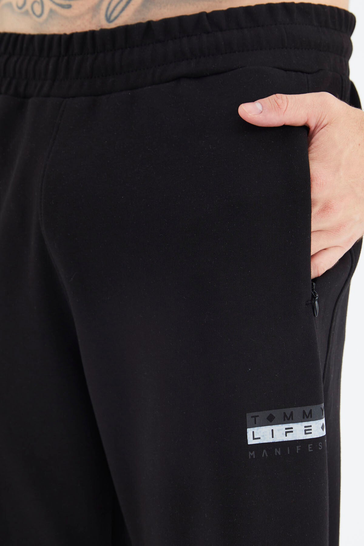 Grey Melange - Black Stand Collar Half Zippered Hidden Pocket Detailed Relax Fit Men's Tracksuit Set - 85221