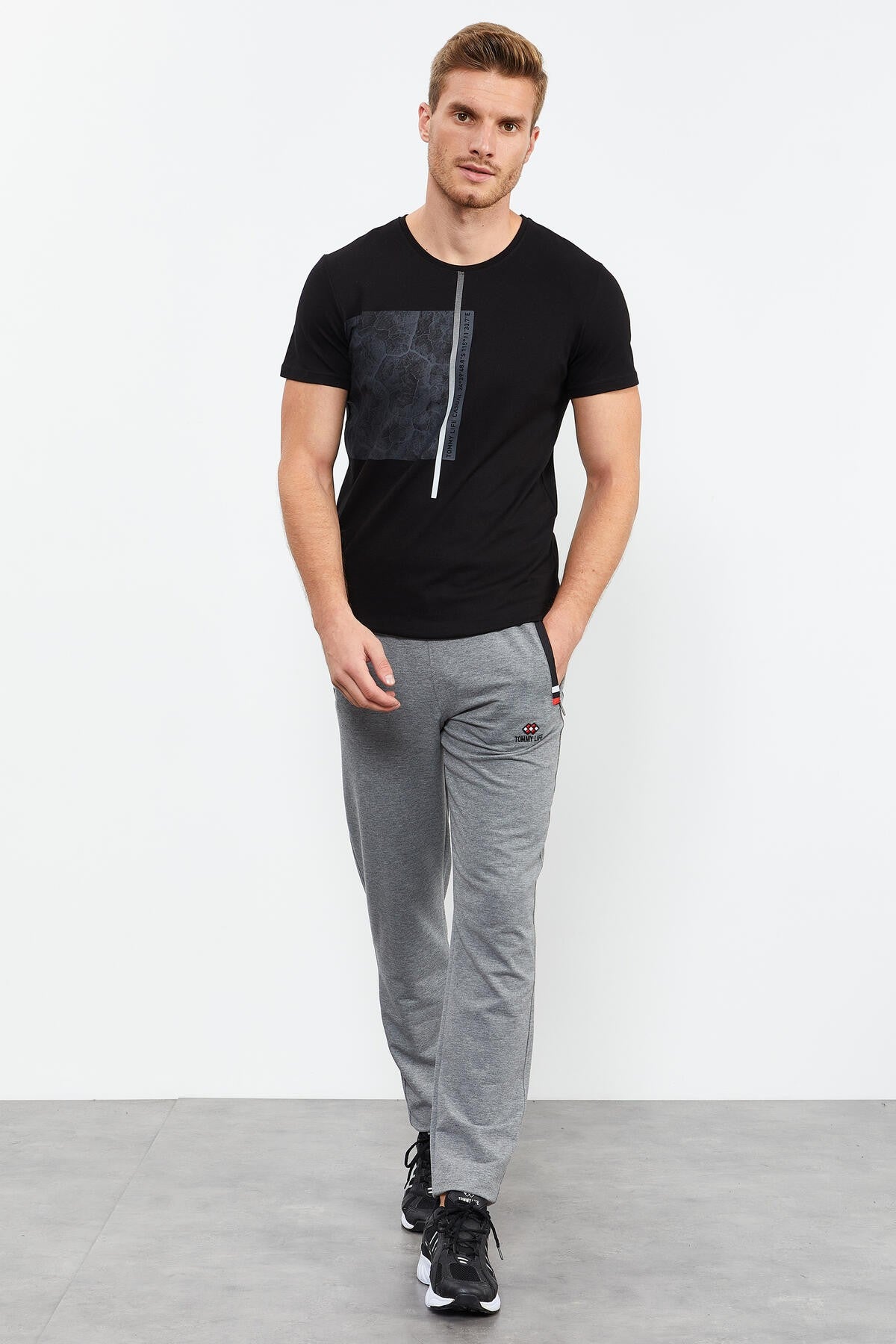 Grey Melange - Black Zippered Pocket Straight Leg Classic Hem Men's Tracksuit Bottom - 84649