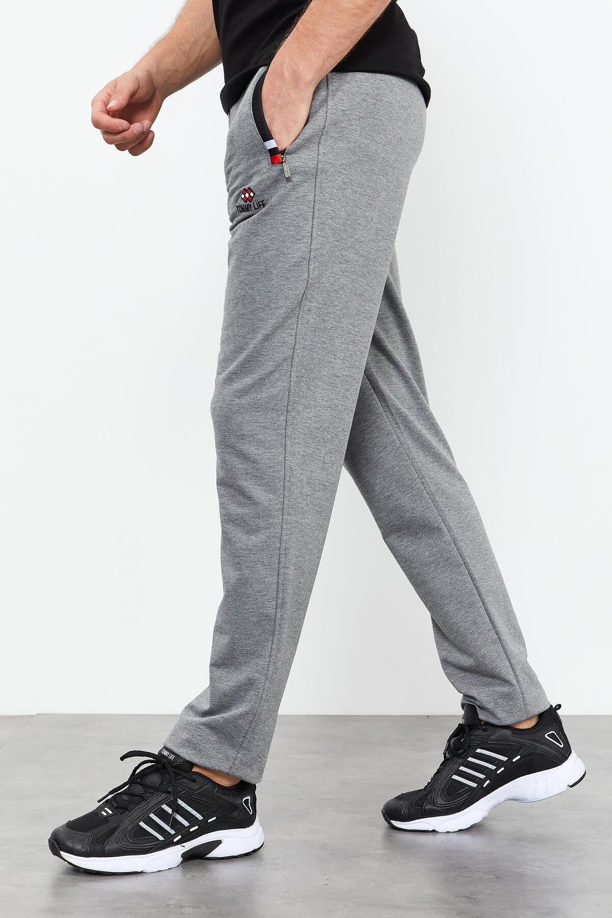 Grey Melange - Black Zippered Pocket Straight Leg Classic Hem Men's Tracksuit Bottom - 84649