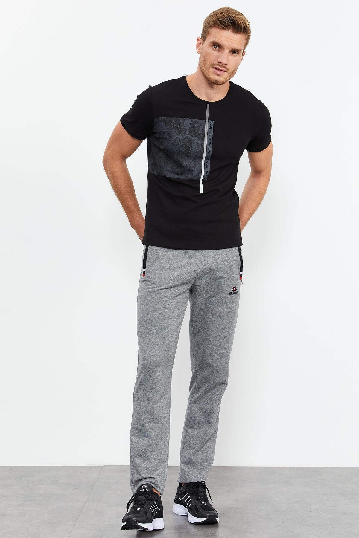 Grey Melange - Black Zippered Pocket Straight Leg Classic Hem Men's Tracksuit Bottom - 84649